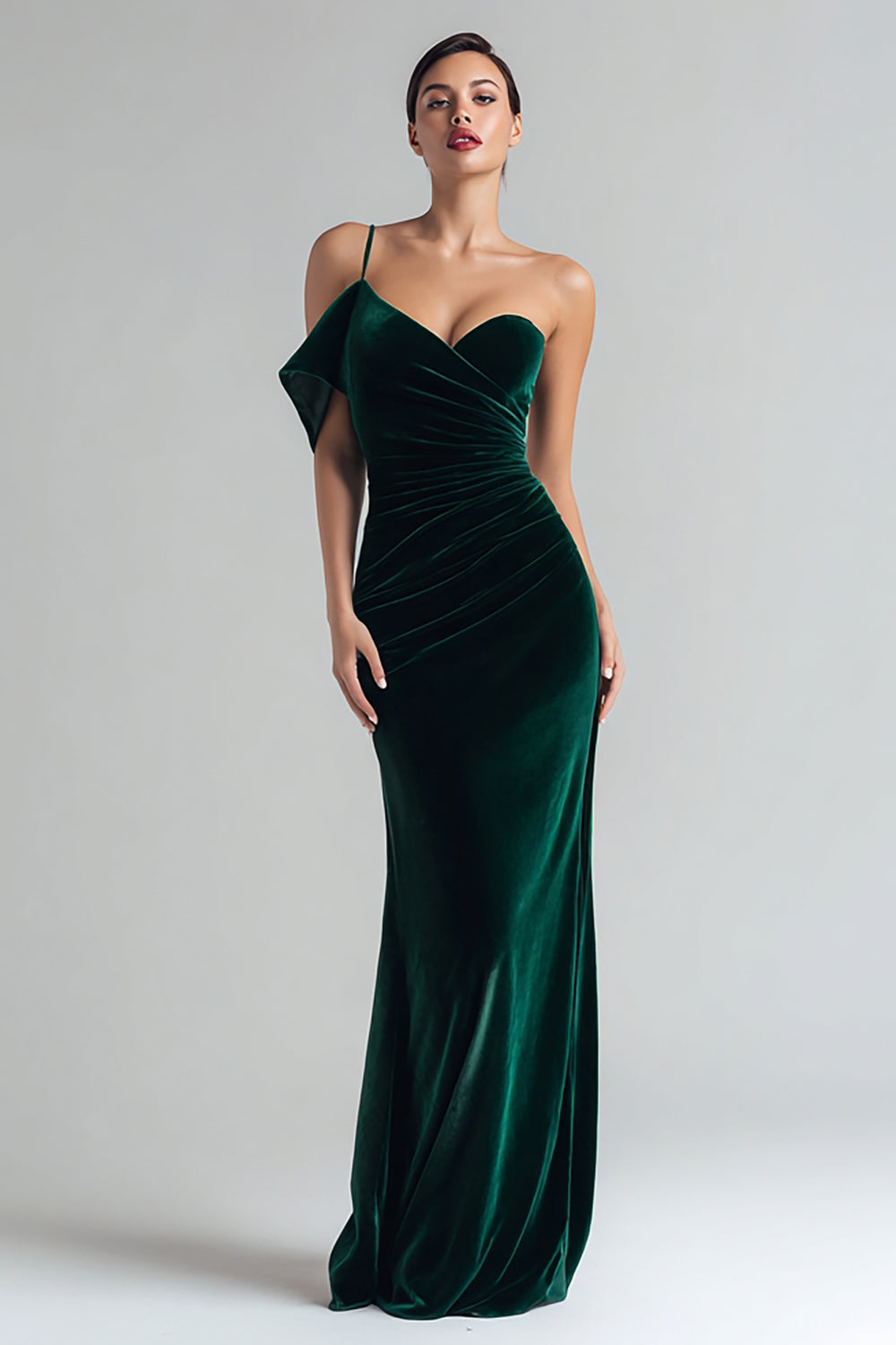 Dark Green Velvet Mermaid Ruched Maxi Holiday Party Dress