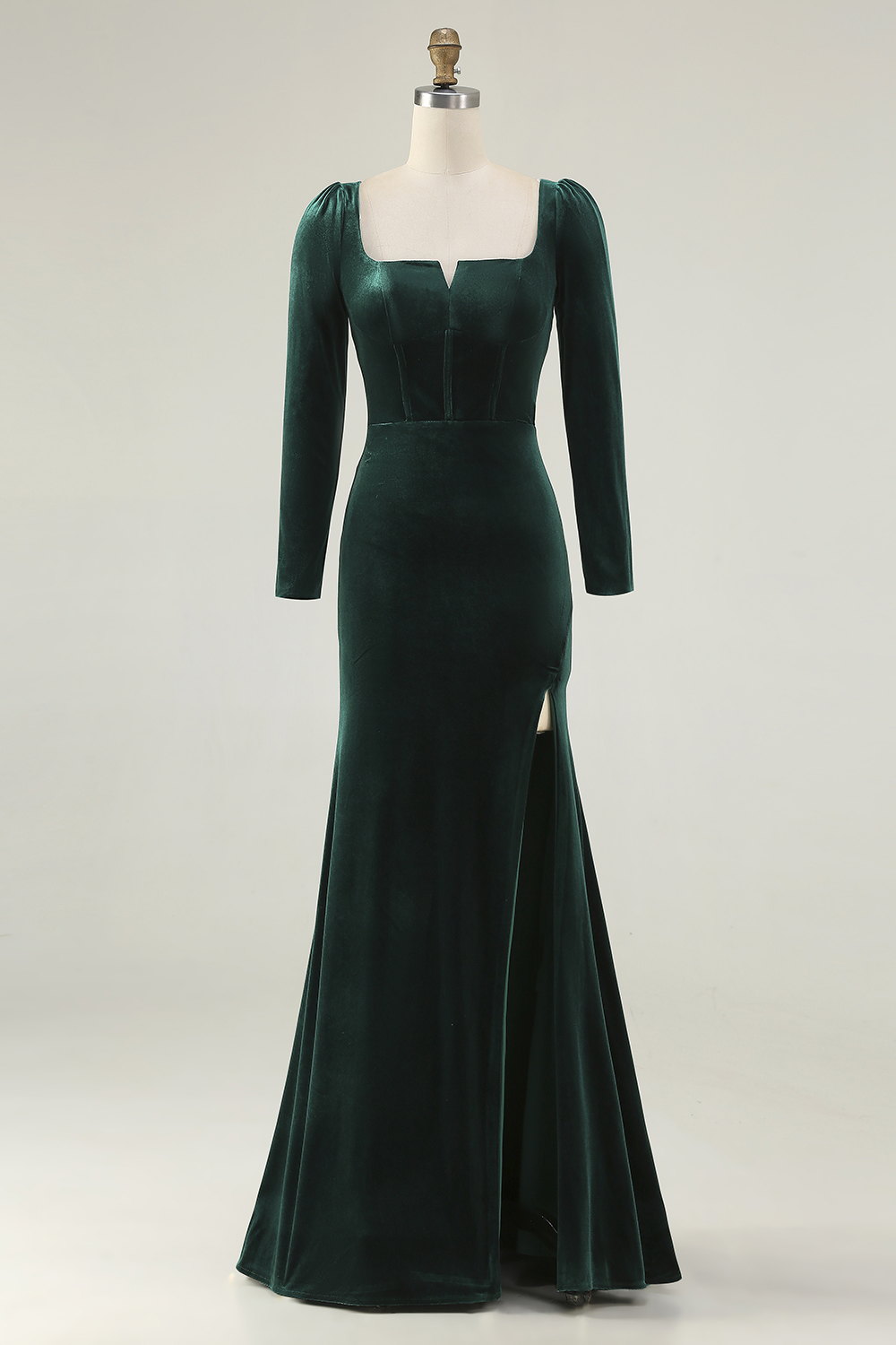 Modest Dark Green Square Neck Long Velvet Holiday Party Dress with Slit