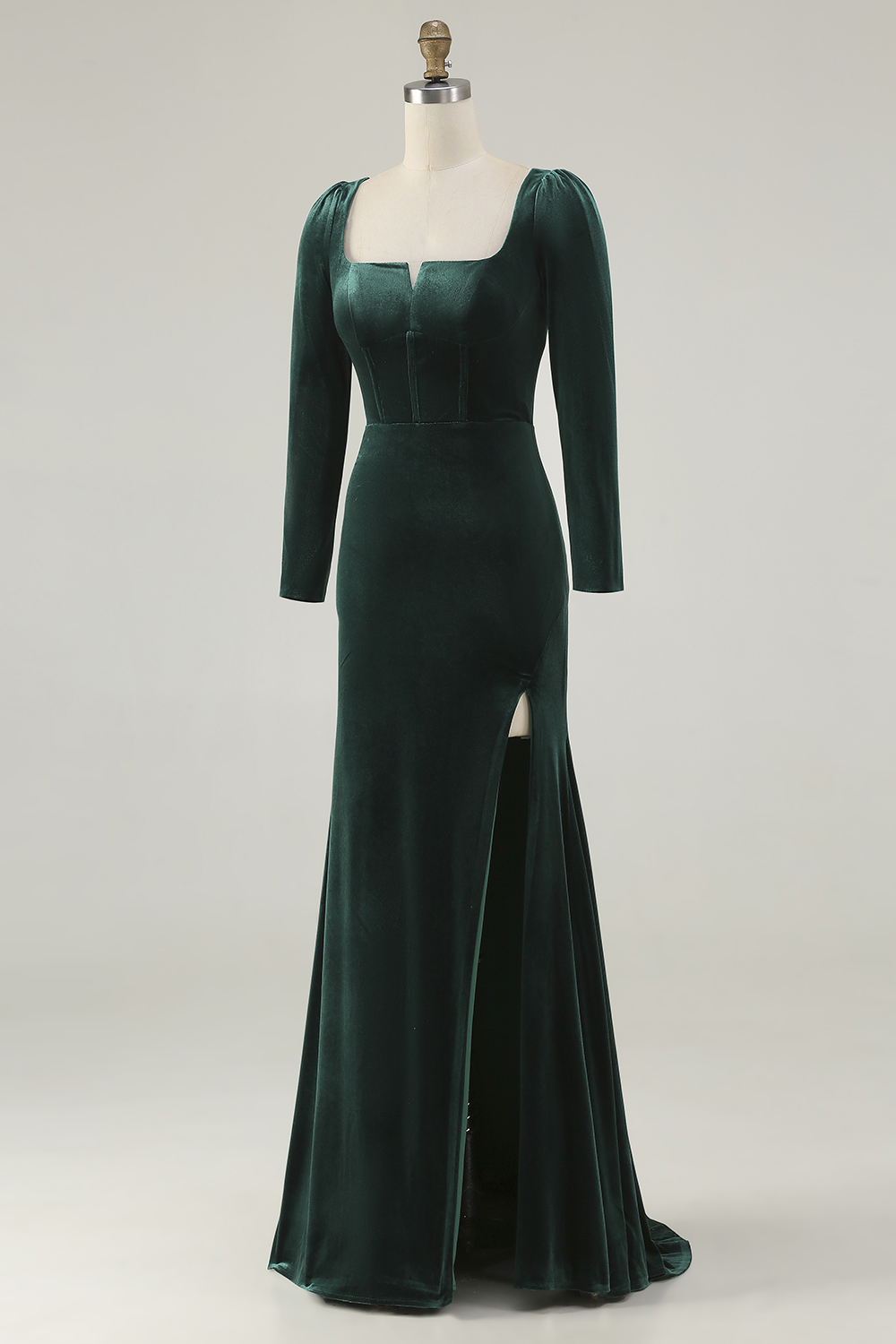 Modest Dark Green Square Neck Long Velvet Holiday Party Dress with Slit
