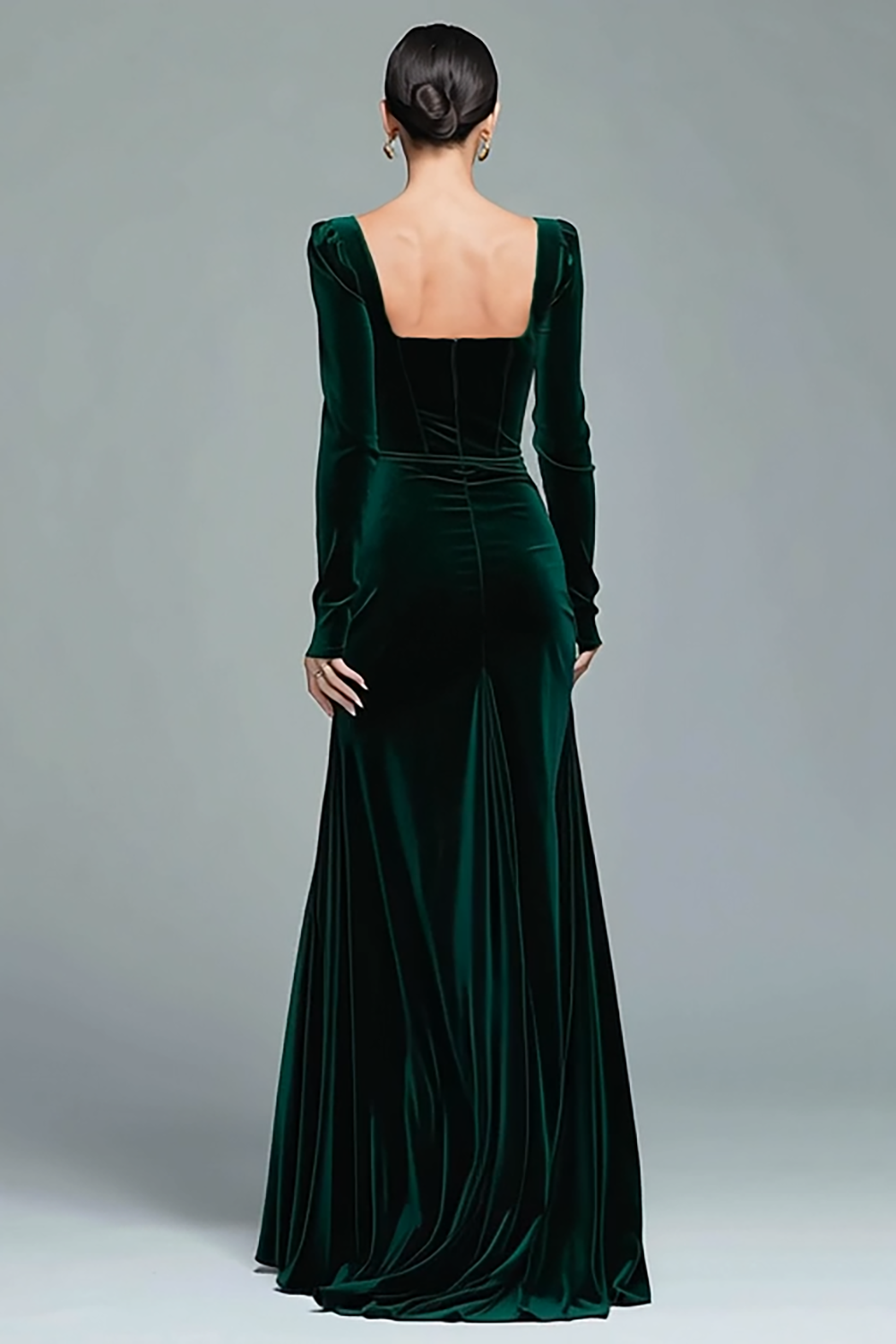 Modest Dark Green Square Neck Long Velvet Holiday Party Dress with Slit