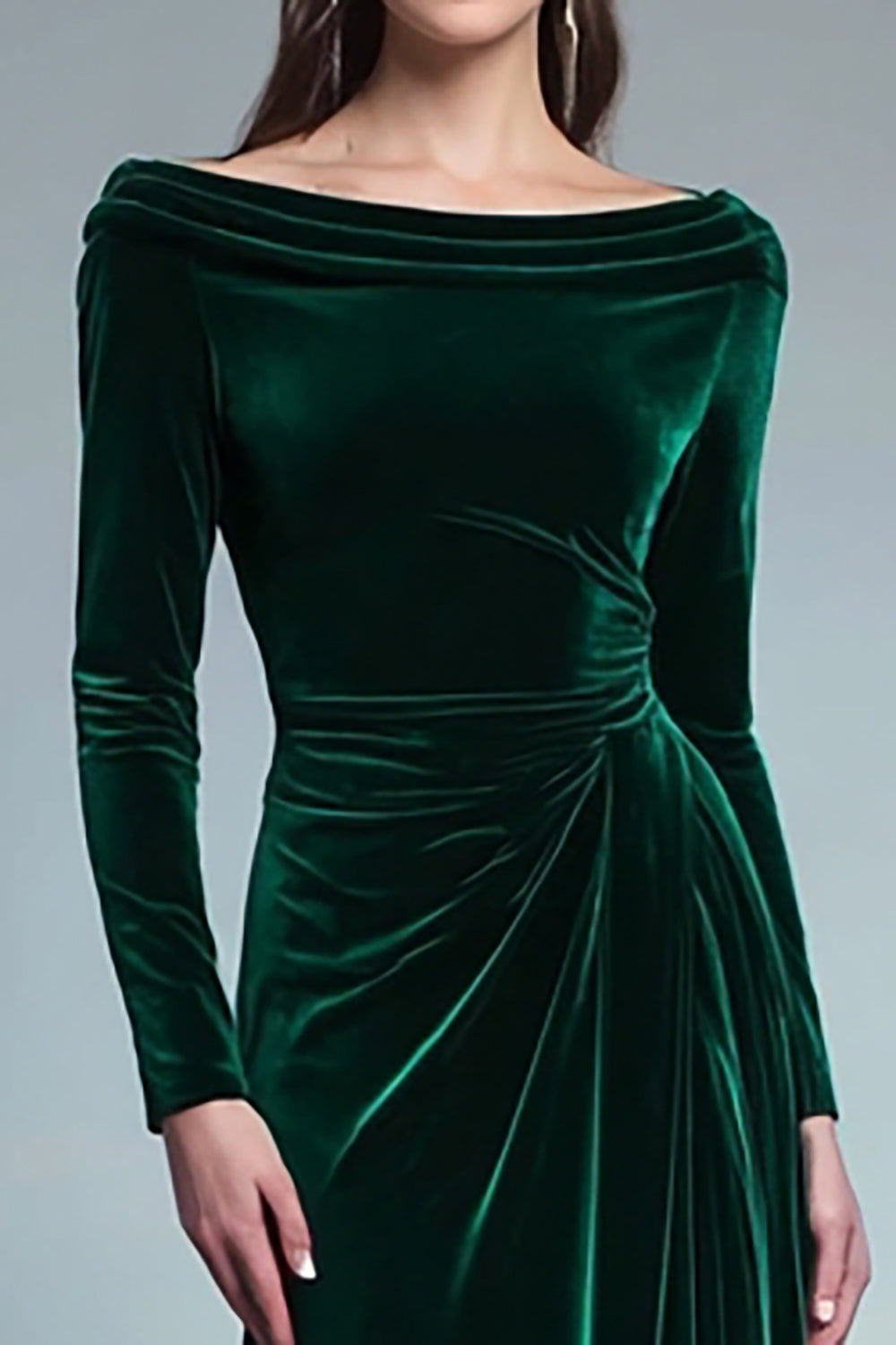 Modest Dark Green Bateau Neck Long Velvet Formal Dress with Sleeves