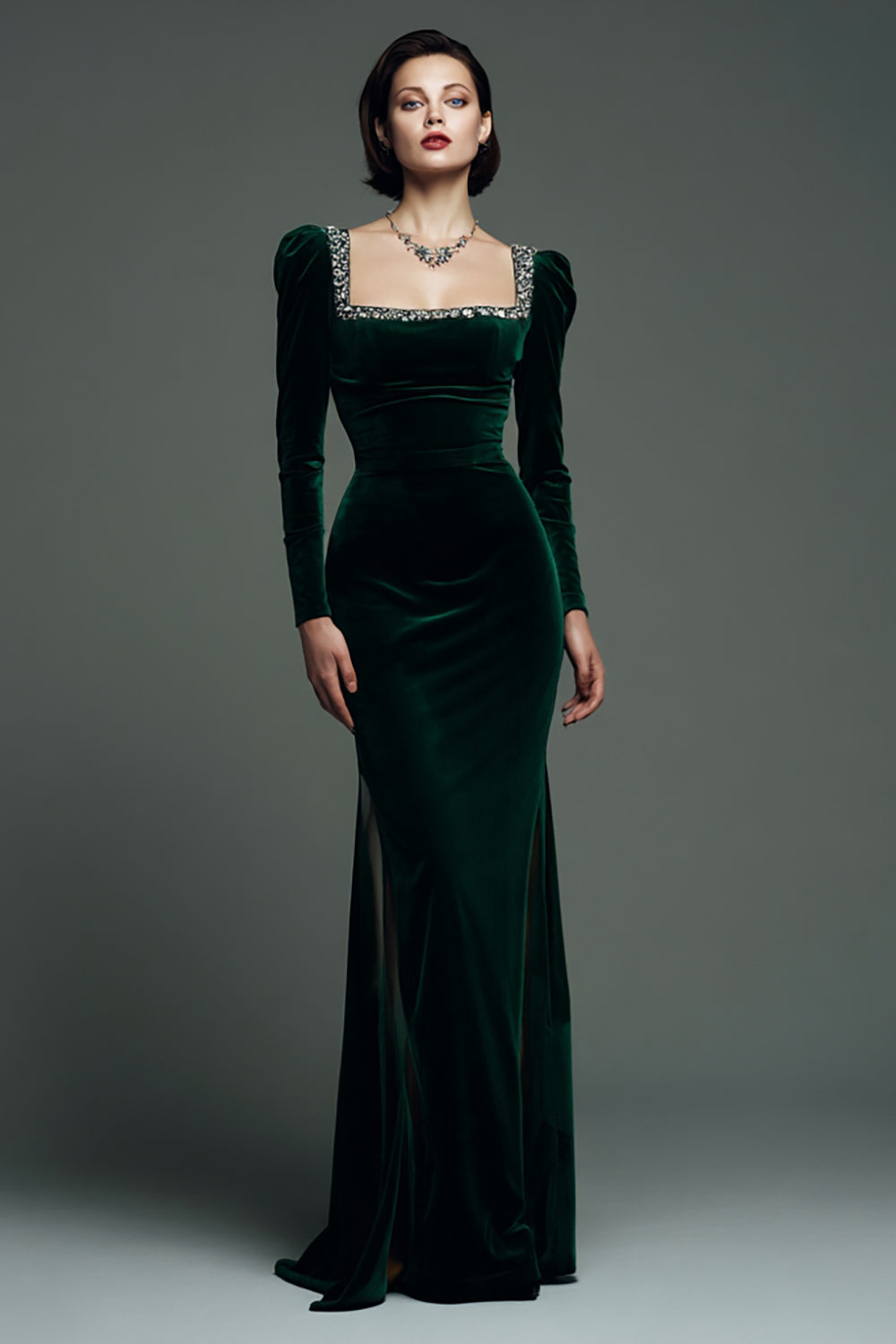 Modest Dark Green Square Neck Mermaid Long Velvet Formal Dress