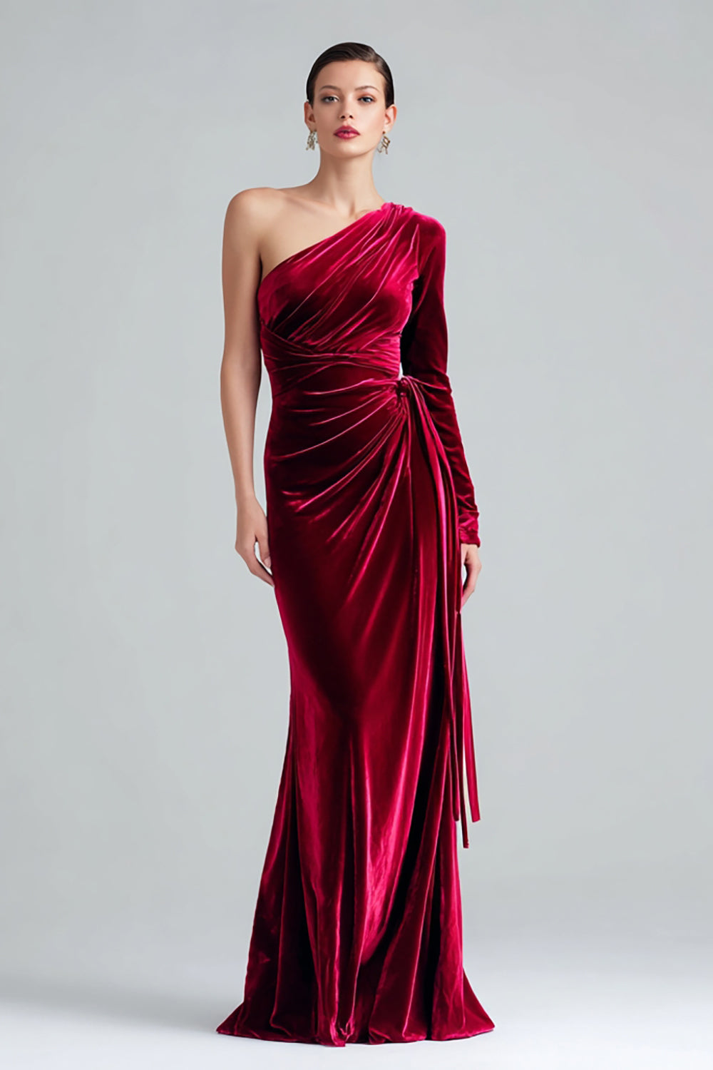 Burgundy Mermaid Velvet One Shoulder Long Formal Dress