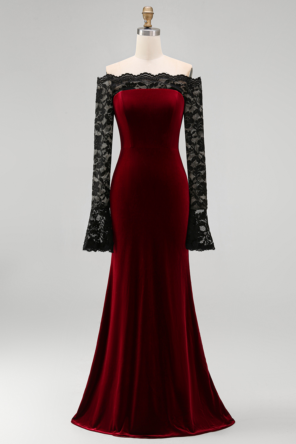 Elegant Burgundy Mermaid Velvet Long Sleeves Holiday Party Dress with Lace