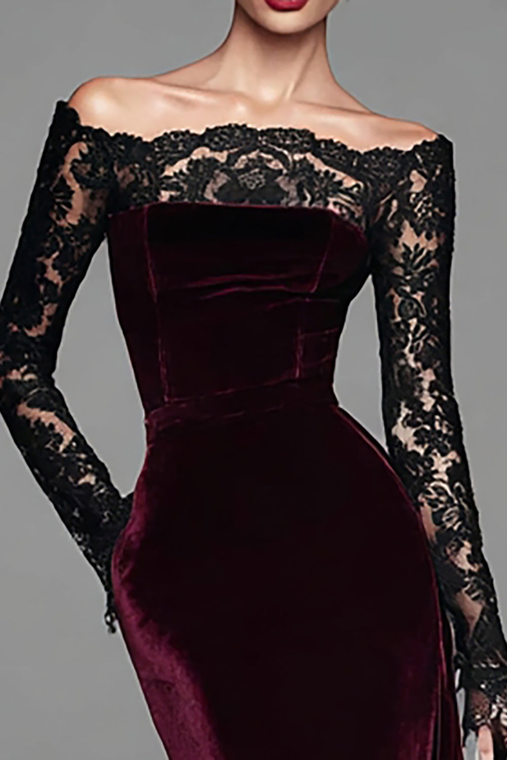 Elegant Burgundy Mermaid Velvet Long Sleeves Holiday Party Dress with Lace