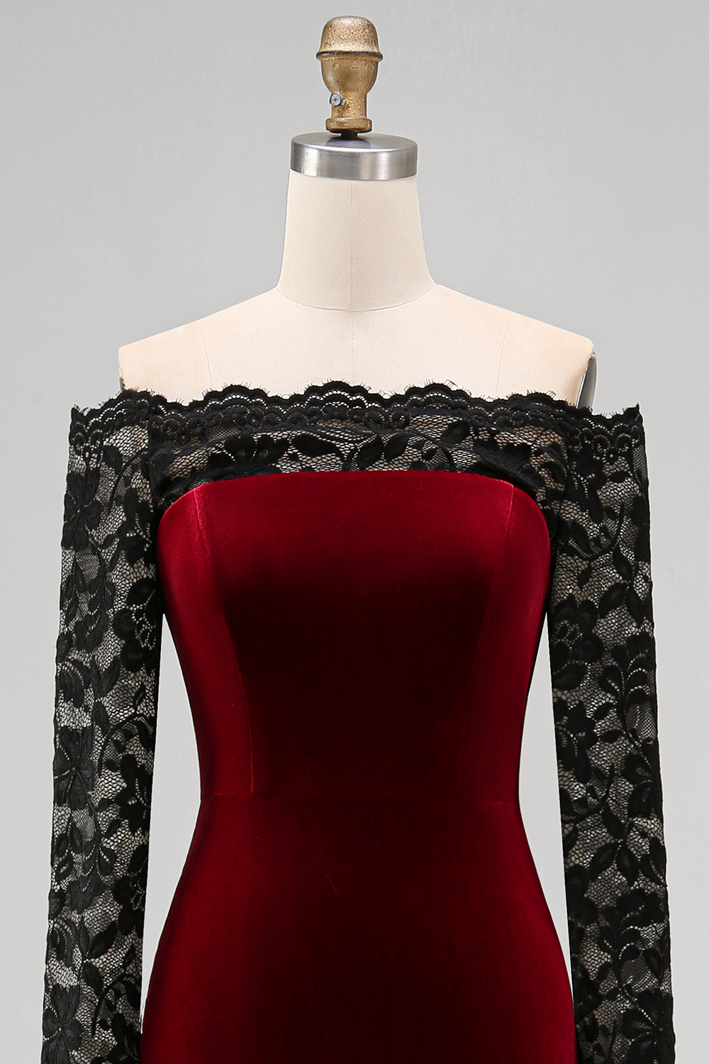 Elegant Burgundy Mermaid Velvet Long Sleeves Holiday Party Dress with Lace