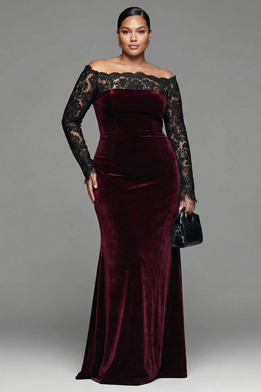 Elegant Burgundy Mermaid Velvet Long Sleeves Holiday Party Dress with Lace