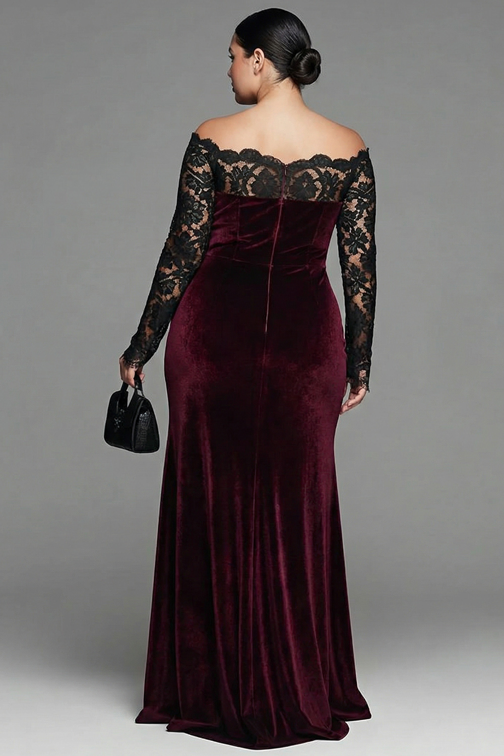 Elegant Burgundy Mermaid Velvet Long Sleeves Holiday Party Dress with Lace