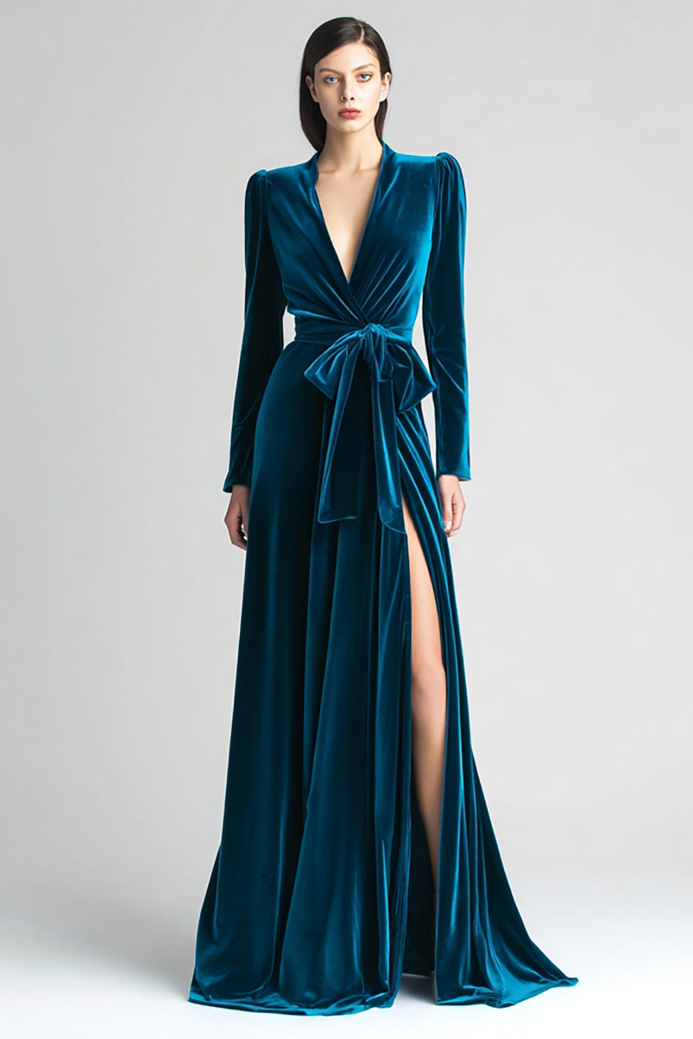 Modest Peacock Blue Velvet A-Line Ruched Long Holiday Party Dress with Sleeves