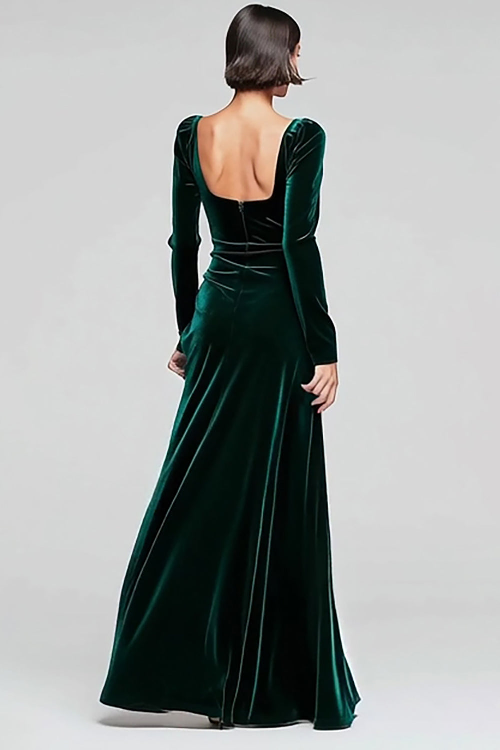 Modest Dark Green Sheath Velvet Square Neck Long Sleeves Holiday Party Dress with Slit