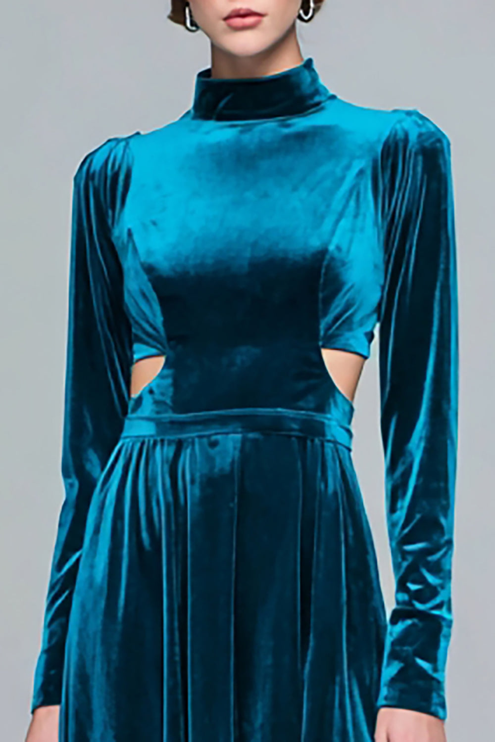Modest Peacock Blue Velvet Cut Out High Neck Long Holiday Party Dress with Sleeves