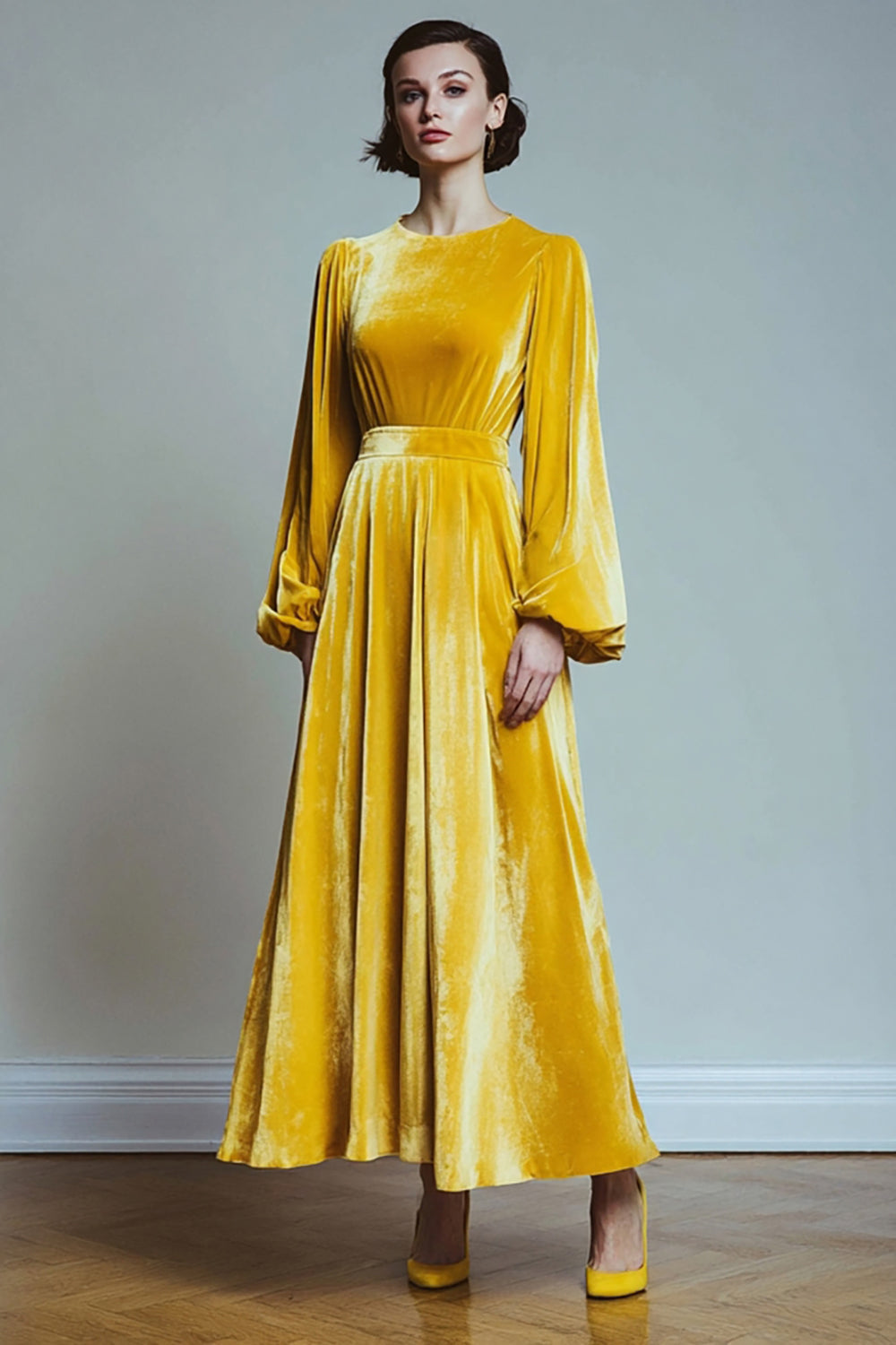 Yellow A-Line Round Neck Velvet Long Holiday Party Dress with Sleeves