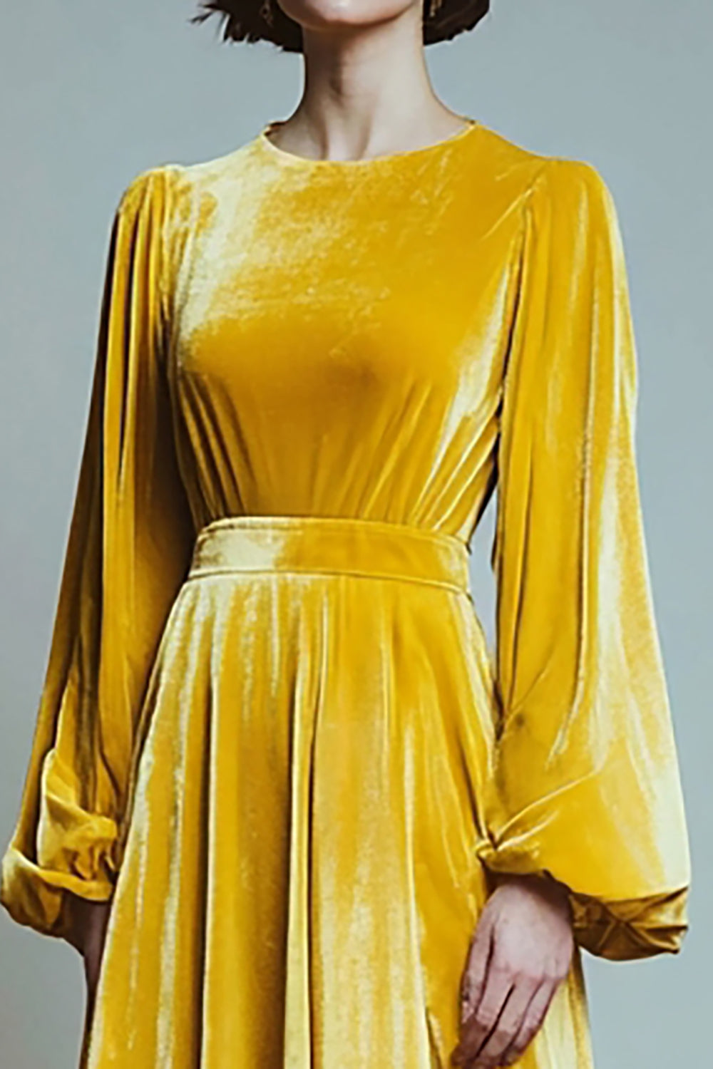 Yellow A-Line Round Neck Velvet Long Holiday Party Dress with Sleeves