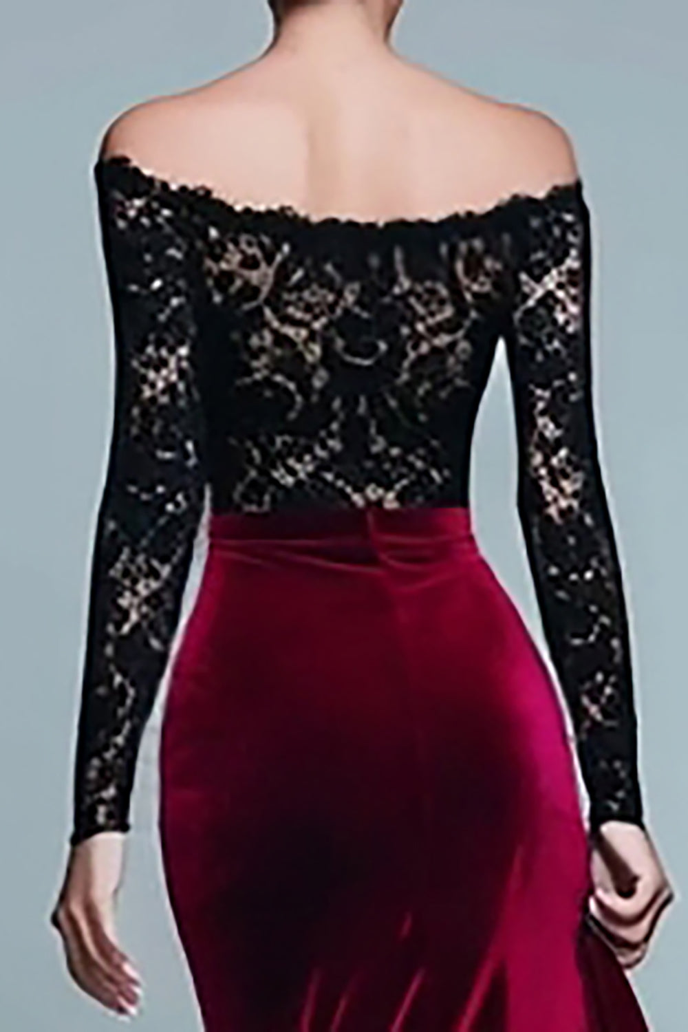 Elegant Black and Burgundy Velvet Mermaid Long Sleeves Holiday Party Dress with Lace