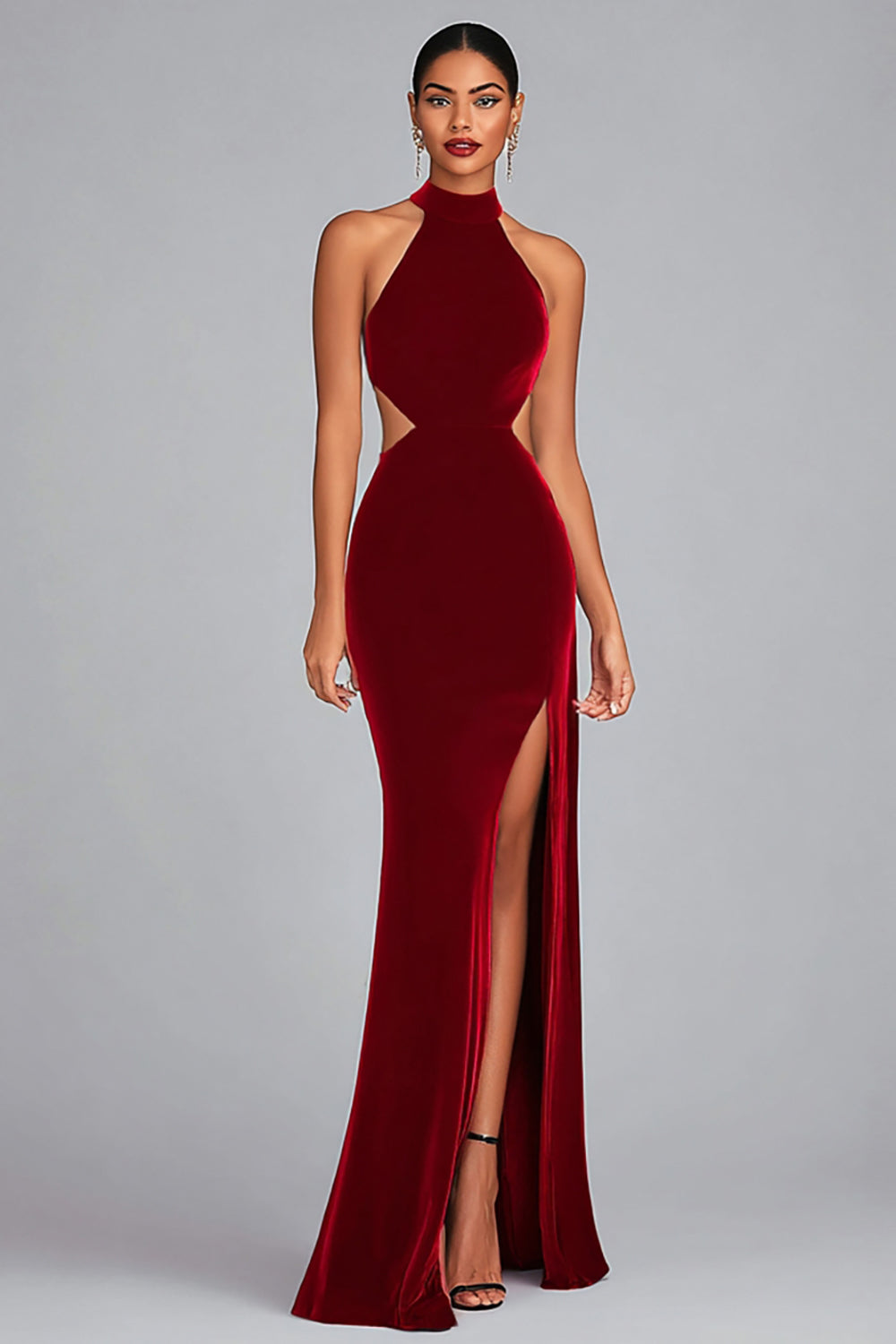 Black Mermaid Velvet Halter Long Holiday Party Dress with Slit