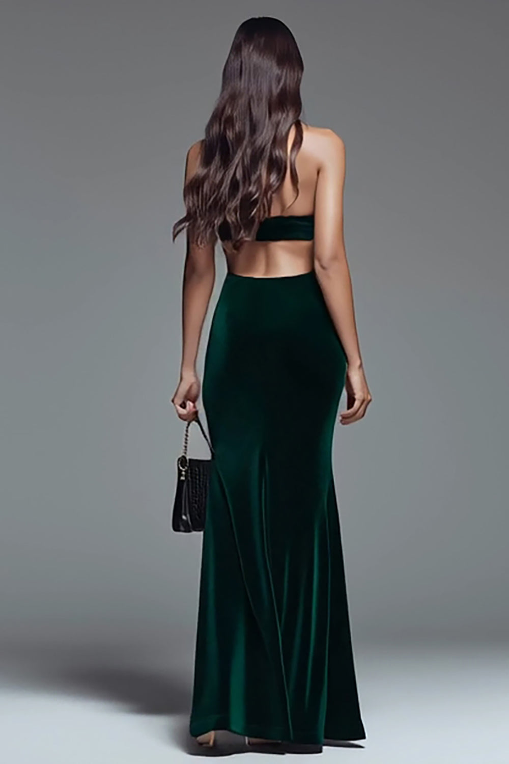 Dark Green Cut Out Mermaid Long Velvet Holiday Party Dress with Slit