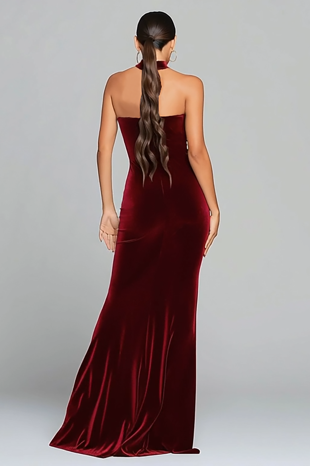 Elegant Burgundy Velvet Mermaid Halter Long Holiday Party Dress with Slit
