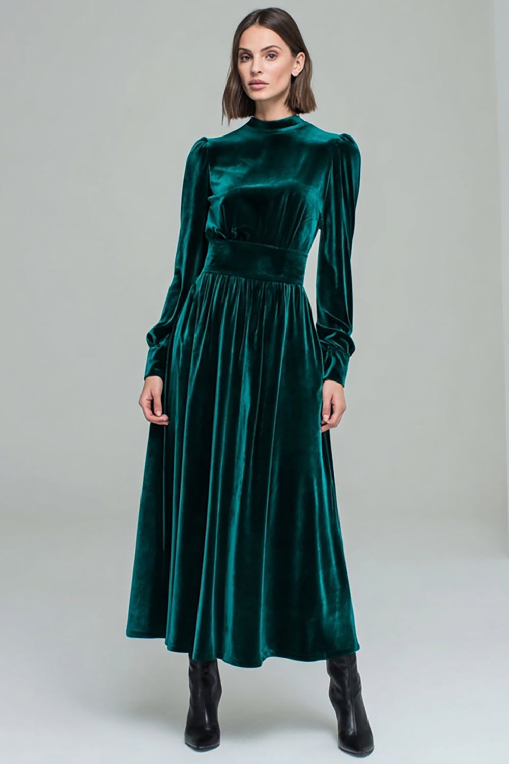 Modest Peacock Green A Line Velvet Long Sleeves Holiday Party Dress