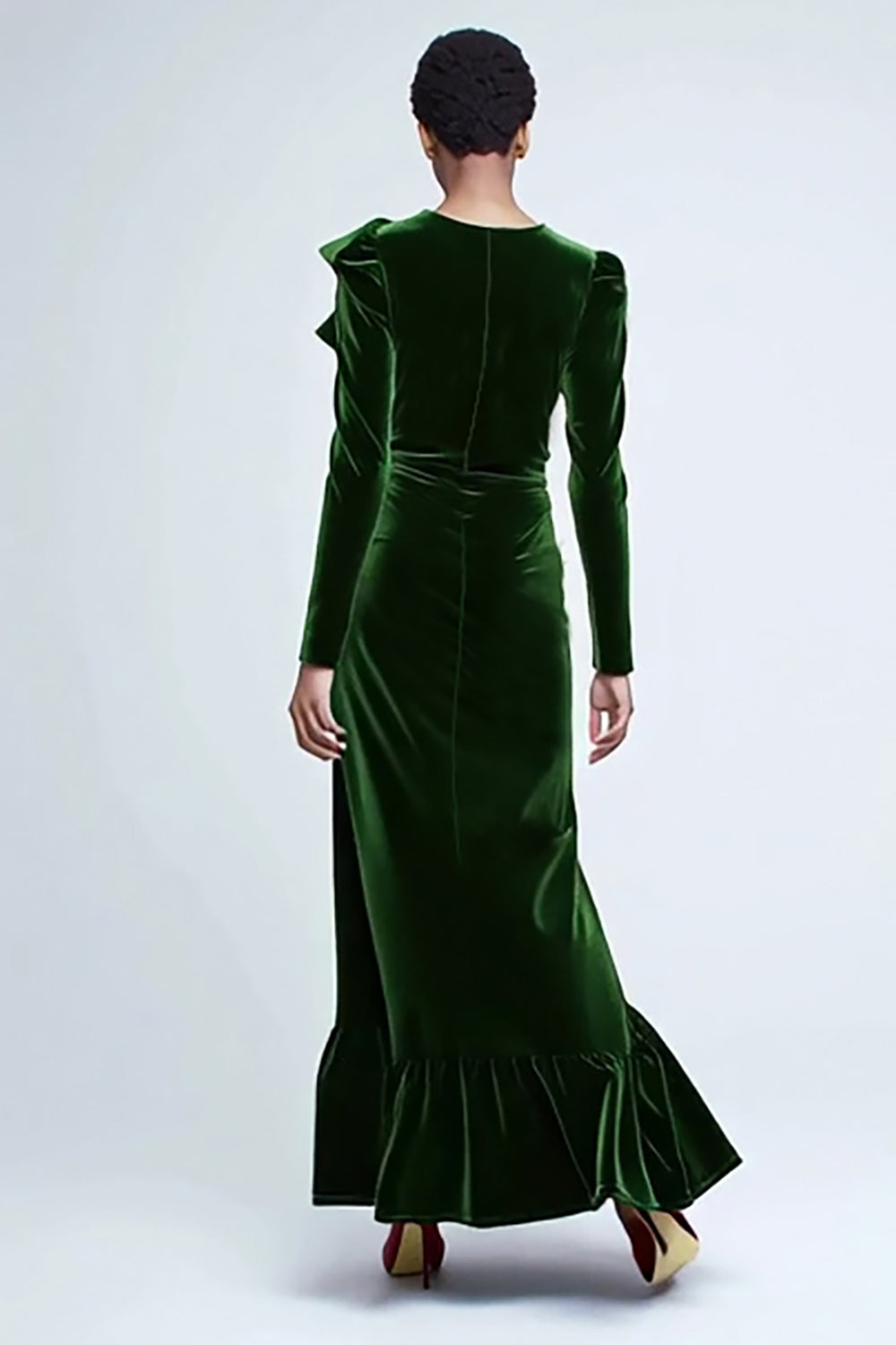 Modest Green Velvet Mermaid Long Sleeves Holiday Party Dress with Ruffles