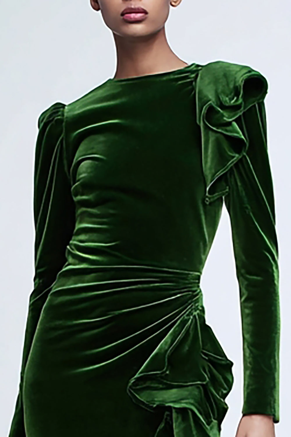 Modest Green Velvet Mermaid Long Sleeves Holiday Party Dress with Ruffles