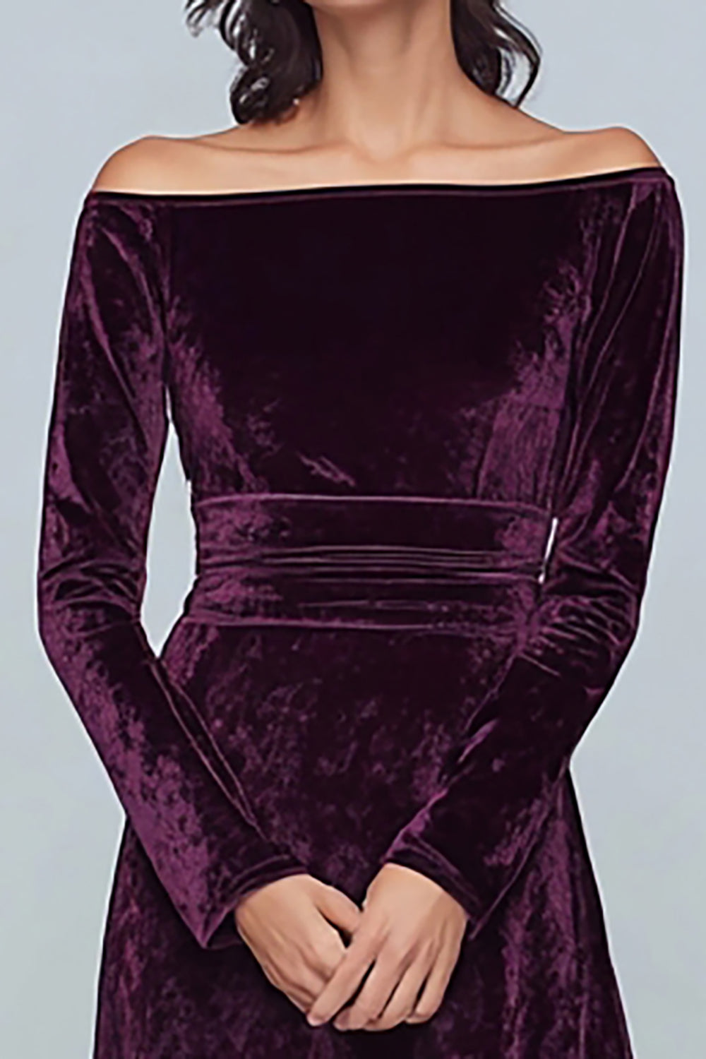 Modest Plum A-Line Long Velvet Holiday Party Dress with Sleeves