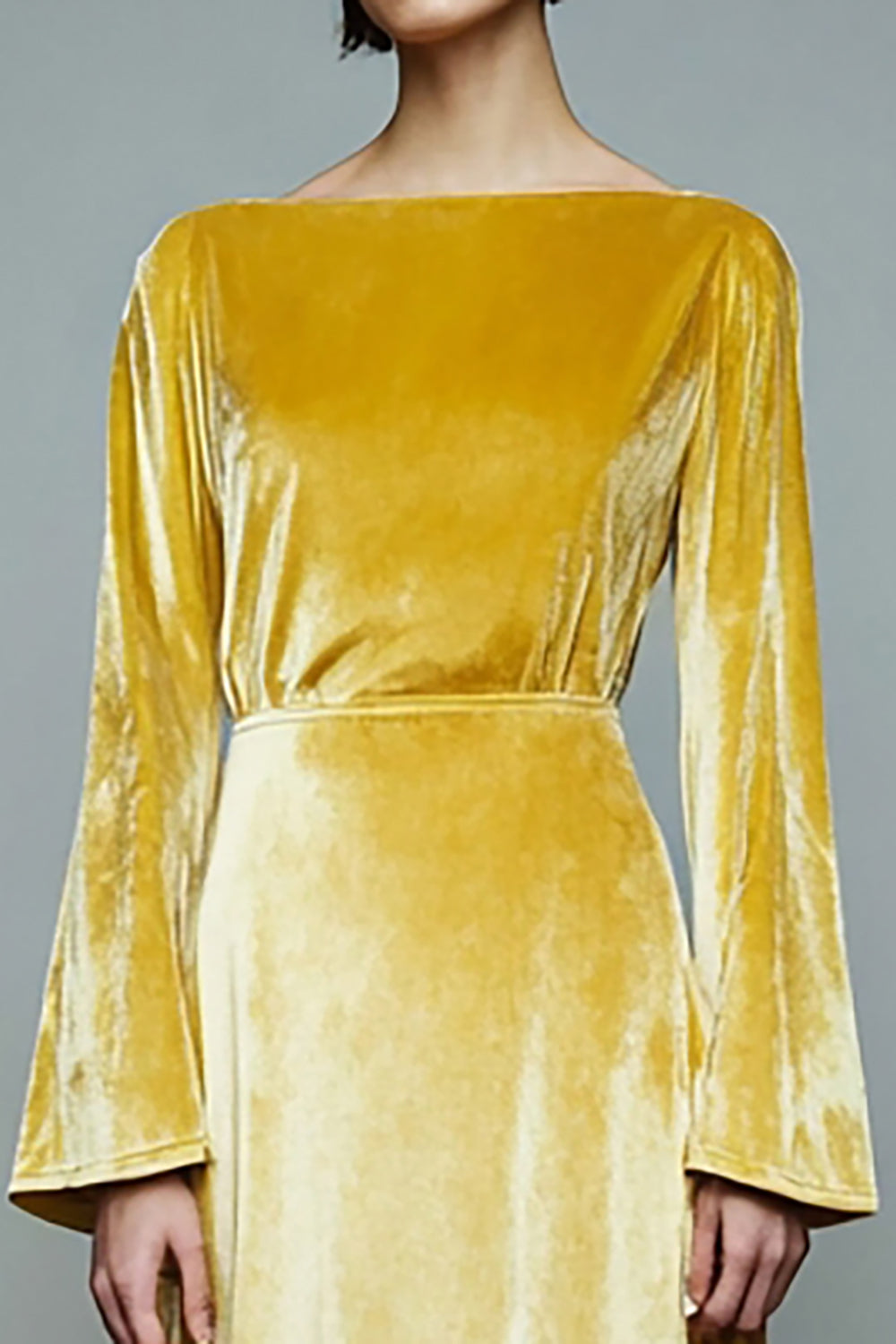 Yellow Velvet A-Line Maxi Holiday Party Dress with Sleeves