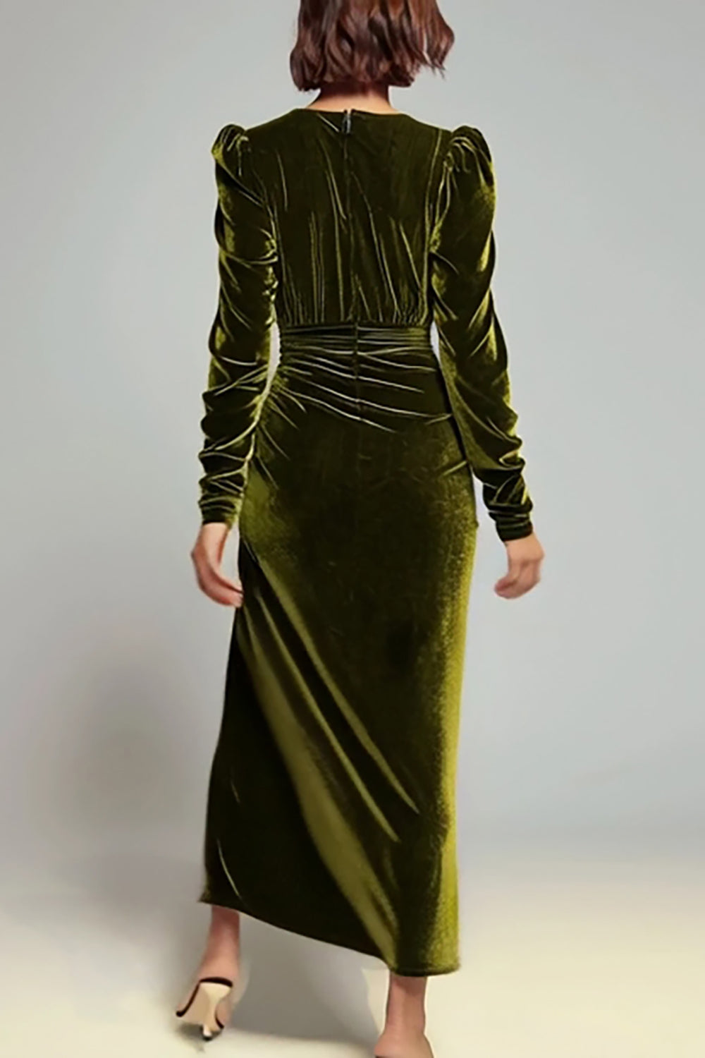 Olive Sheath Deep V-Neck Long Velvet Holiday Party Dress with Sleeves