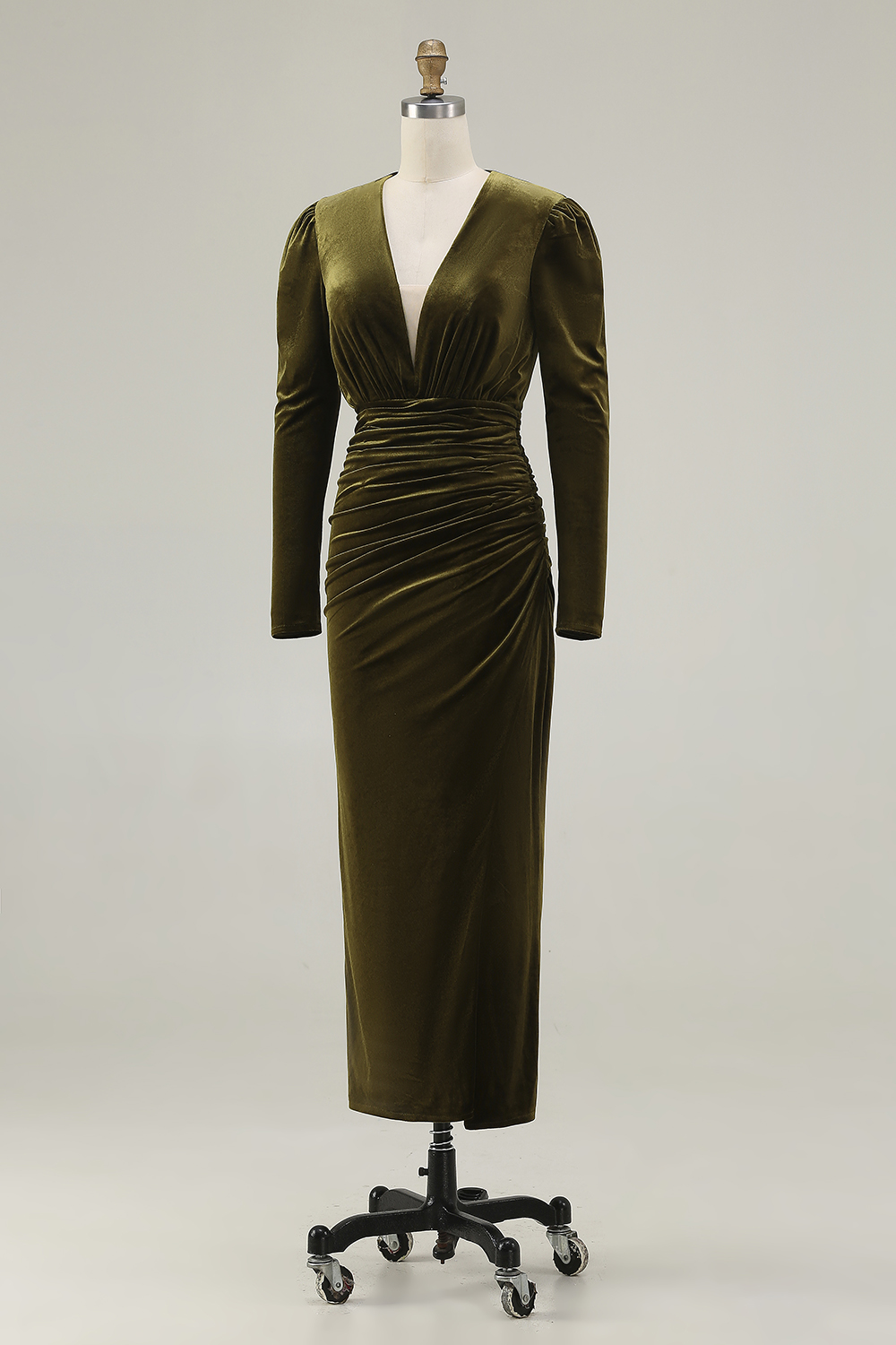 Olive Sheath Deep V-Neck Long Velvet Holiday Party Dress with Sleeves
