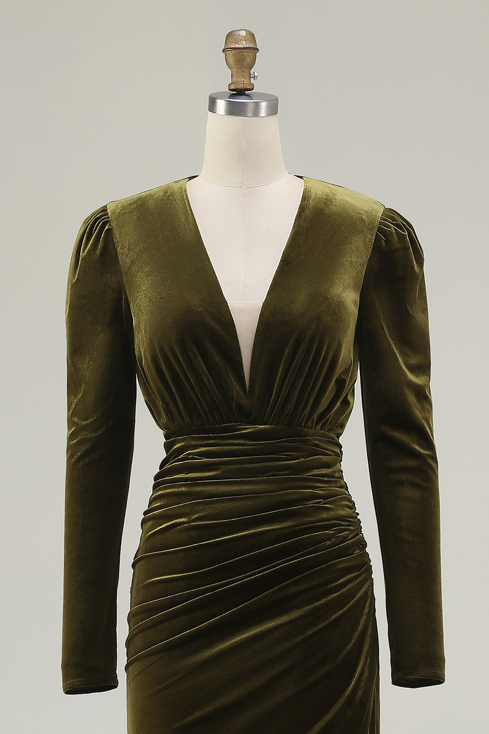 Olive Sheath Deep V-Neck Long Velvet Holiday Party Dress with Sleeves