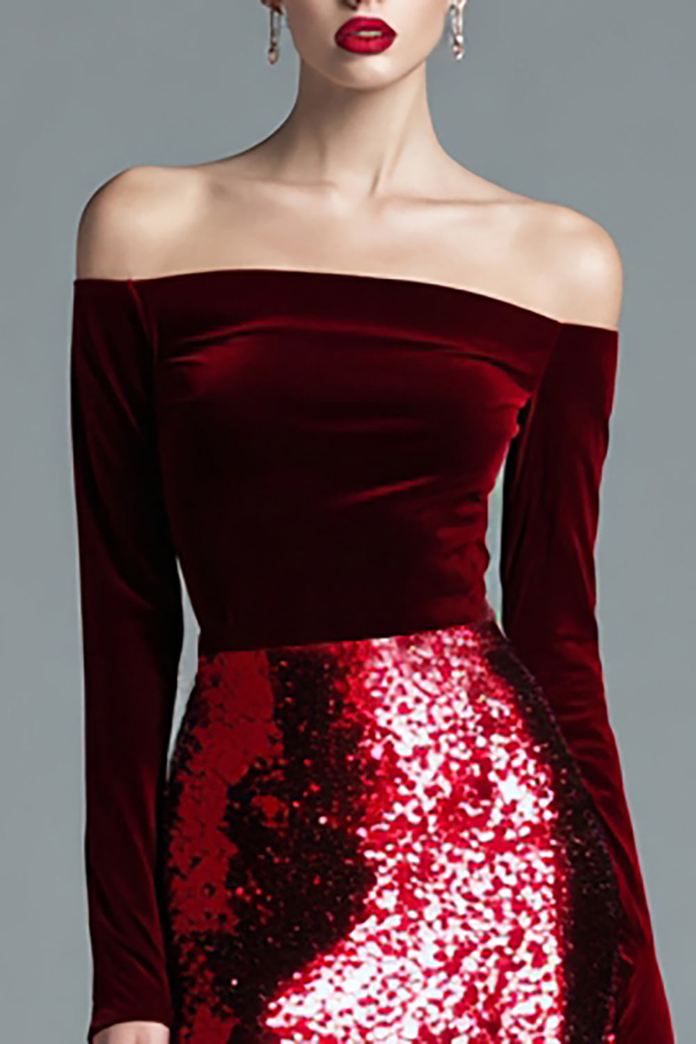 Sparkly Burgundy Off the Shoulder Long Velvet Holiday Party Dress with Sleeves