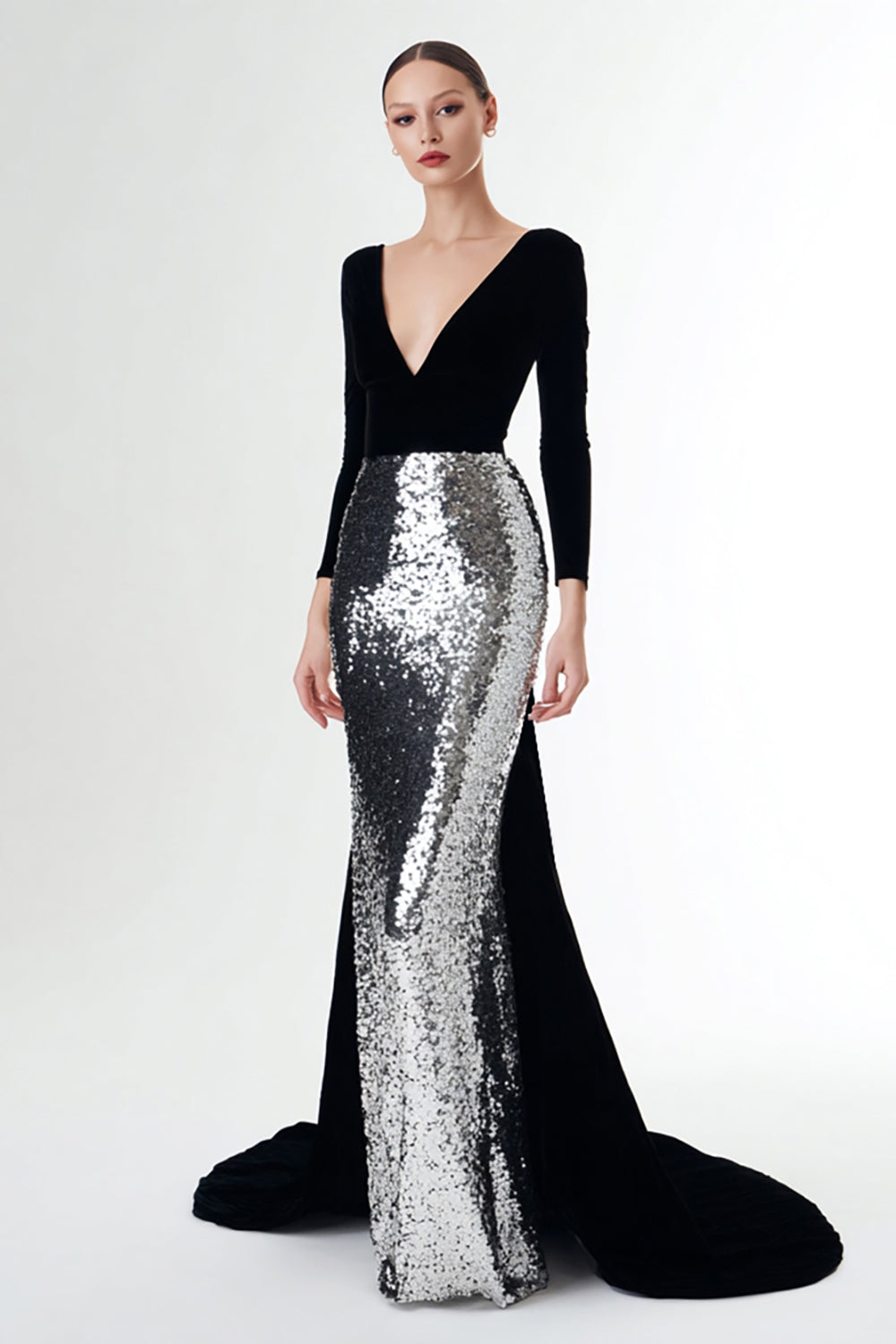Sparkly Black and Silver Mermaid Long Holiday Party Dress with Sleeves