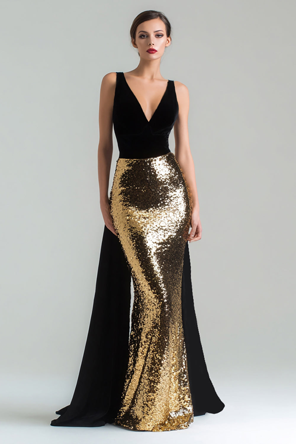 Sparkly Gold and Black Mermaid V-Neck Long Holiday Party Dress with Cape