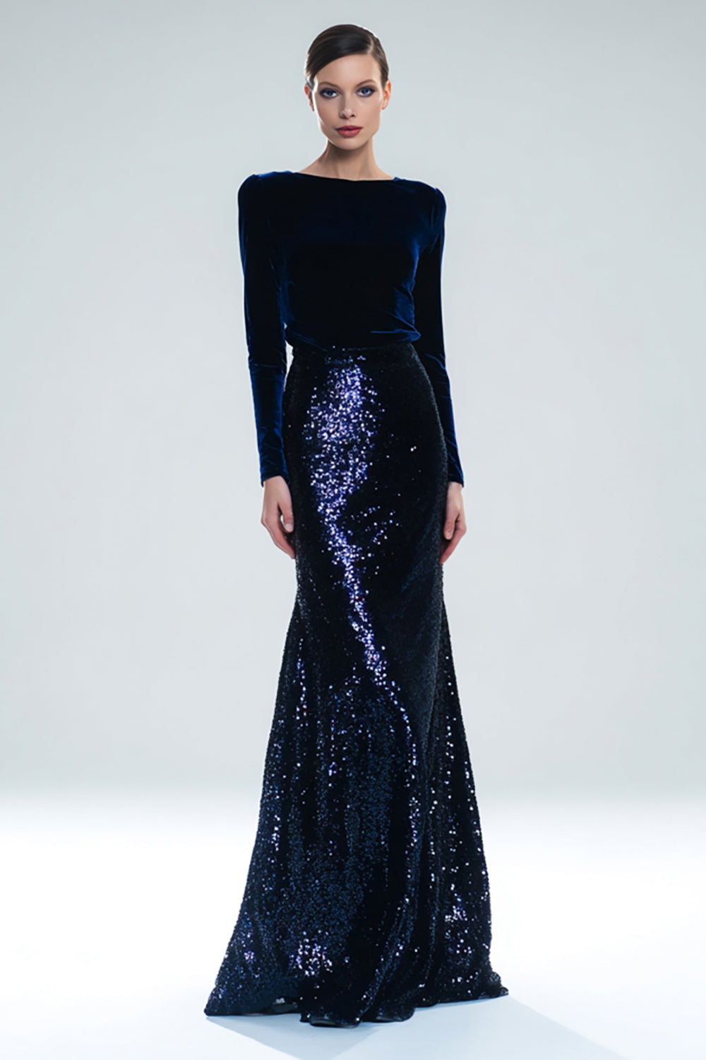 Sparkly Navy Mermaid Bateau Neck Long Holiday Party Dress with Sleeves