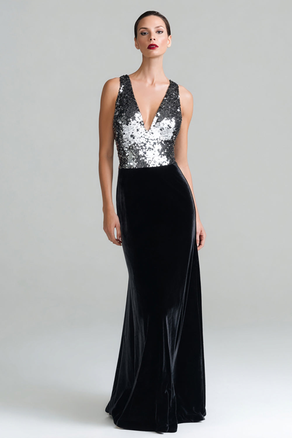 Sparkly Black and Silver V-Neck Sheath Long Velvet Holiday Party Dress with Sequins
