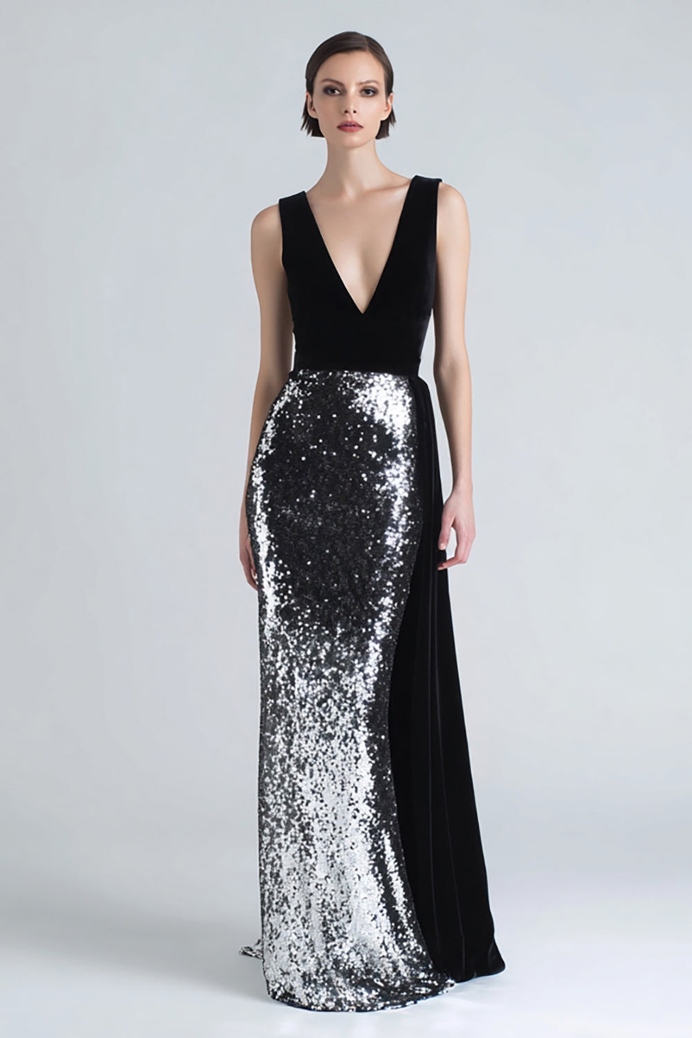 Sparkly Black and Silver Sequins Long Mermaid Holiday Party Dress with Side Cape