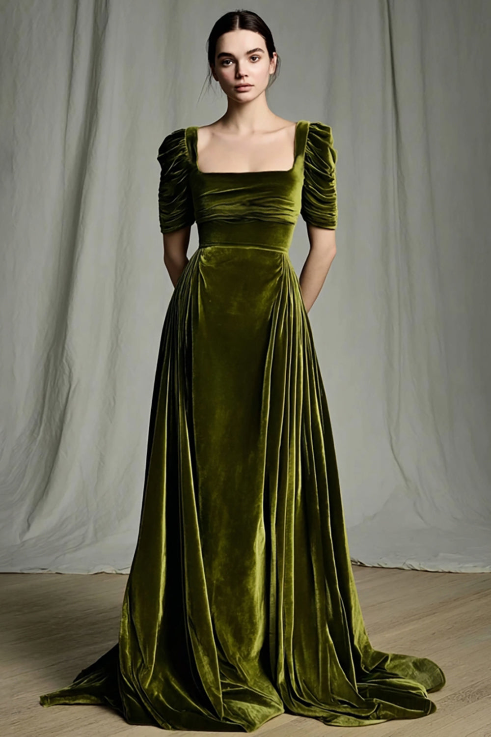 Modest Olive A-Line Square Neck Long Velvet Holiday Party Dress with Sleeves