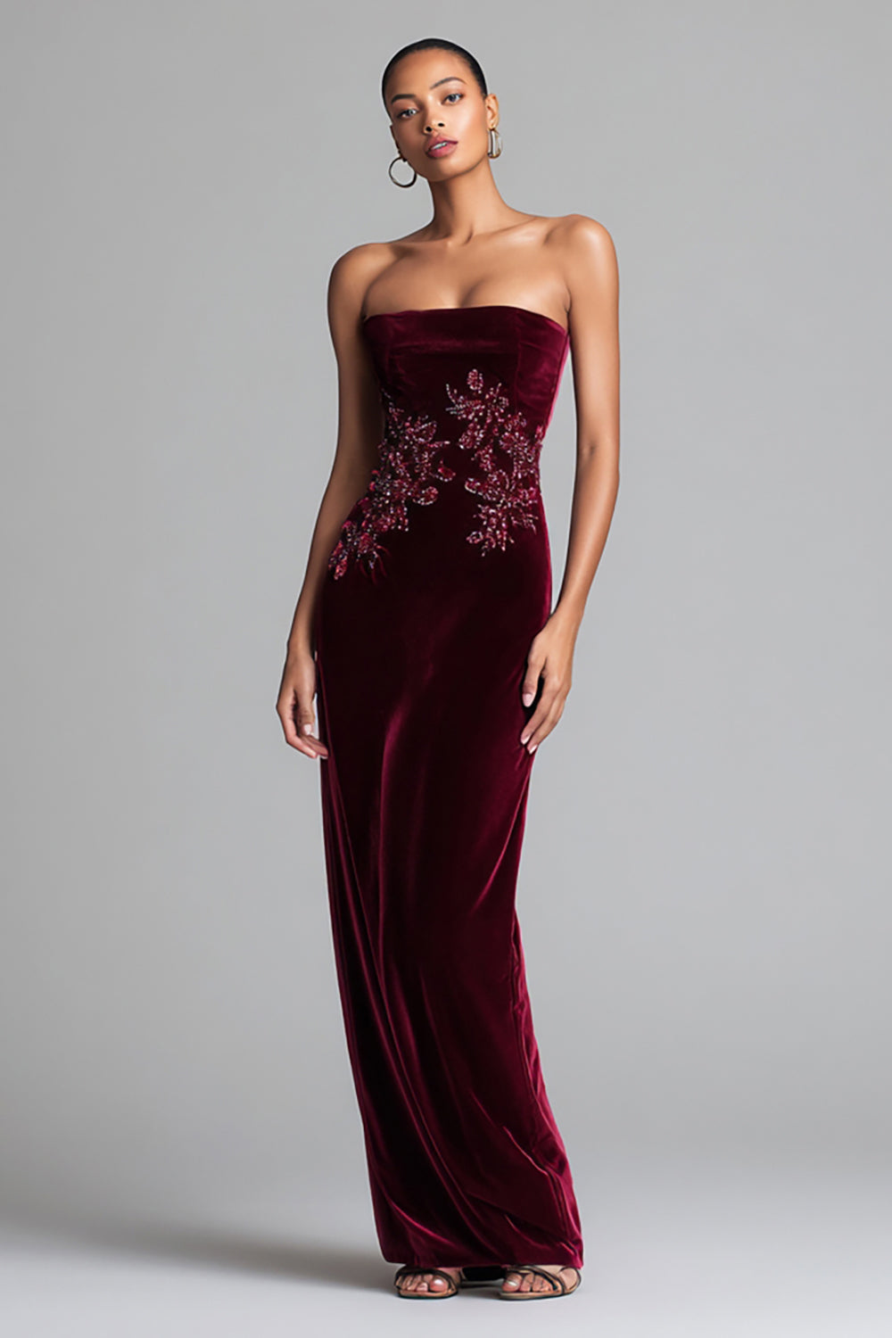 Elegant Burgundy Velvet Strapless Floral Long Holiday Party Dress