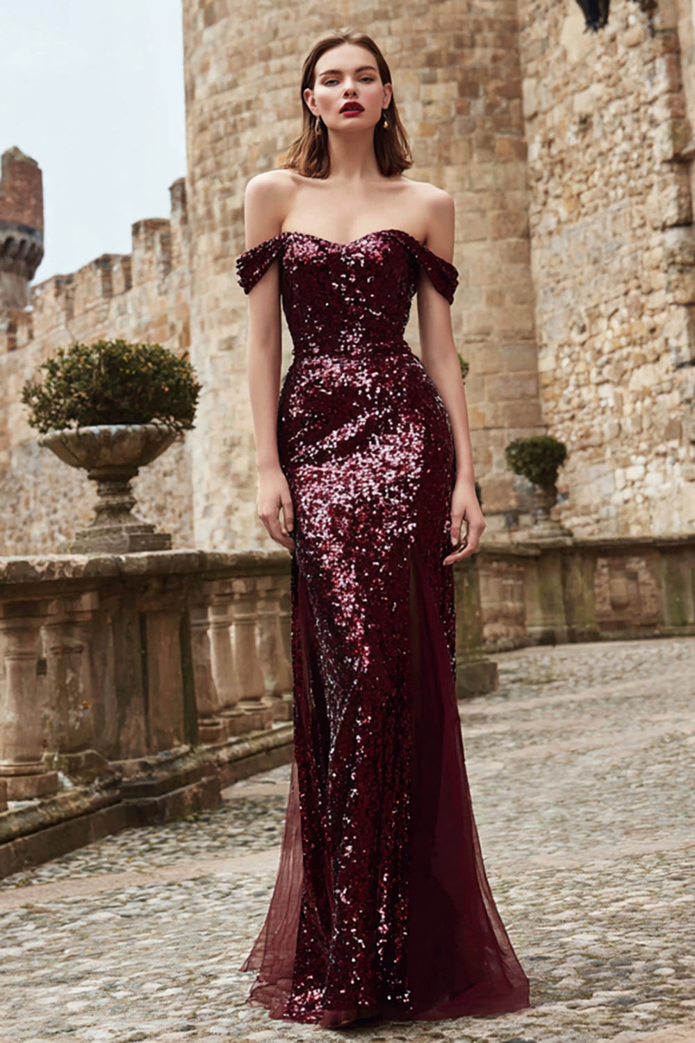Sparkly Burgundy Off the Shoulder Long Mermaid Holiday Party Dress