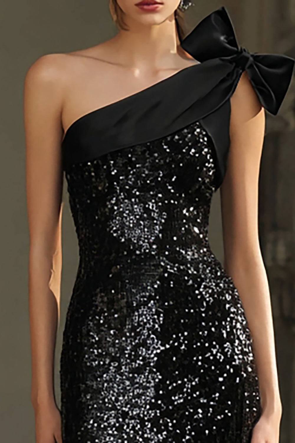 Sparkly Black Sequins One Shoulder Long Sheath Holiday Party Dress with Bow