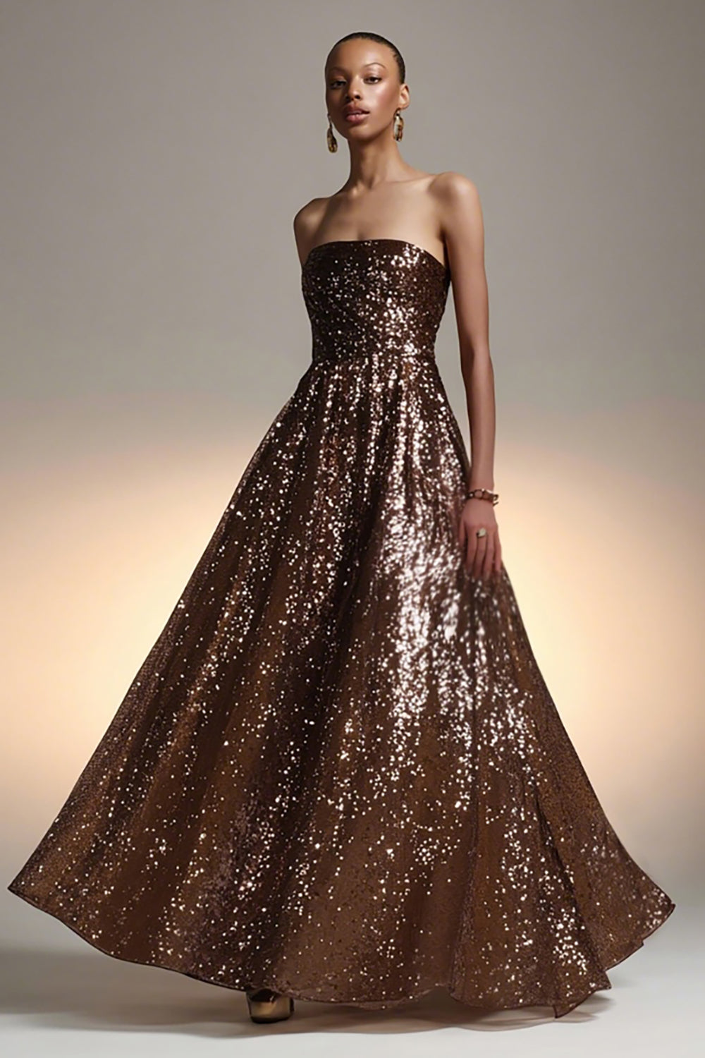 Sparkly Brown Sequin A-Line Long Strapless Holiday Party Dress