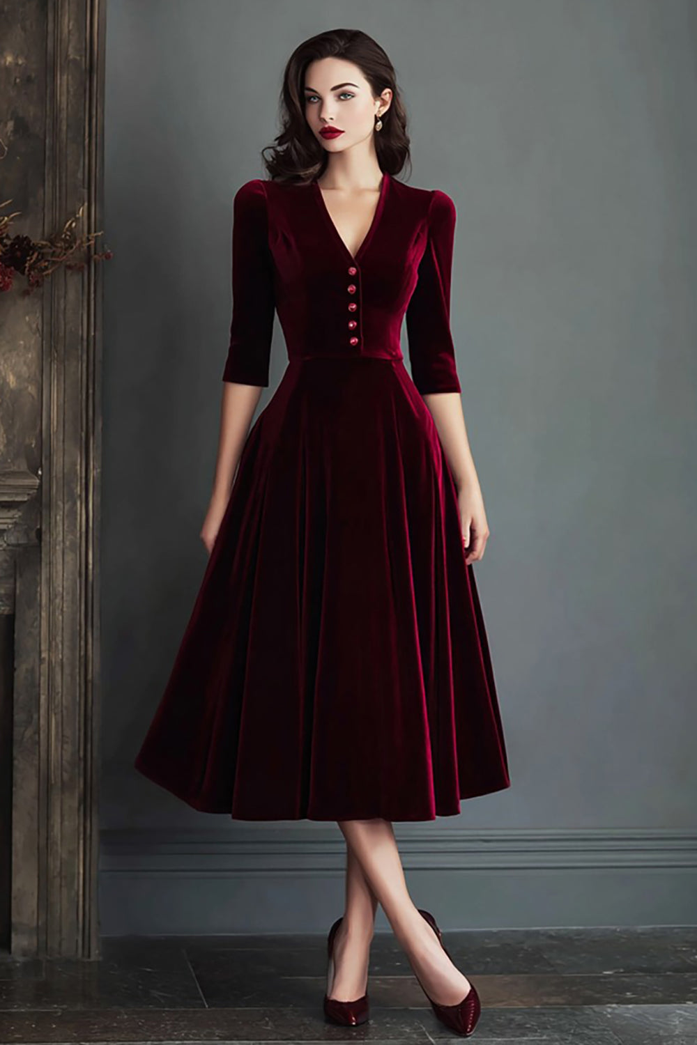 Burgundy A Line V-Neck Midi Velvet Holiday Party Dress