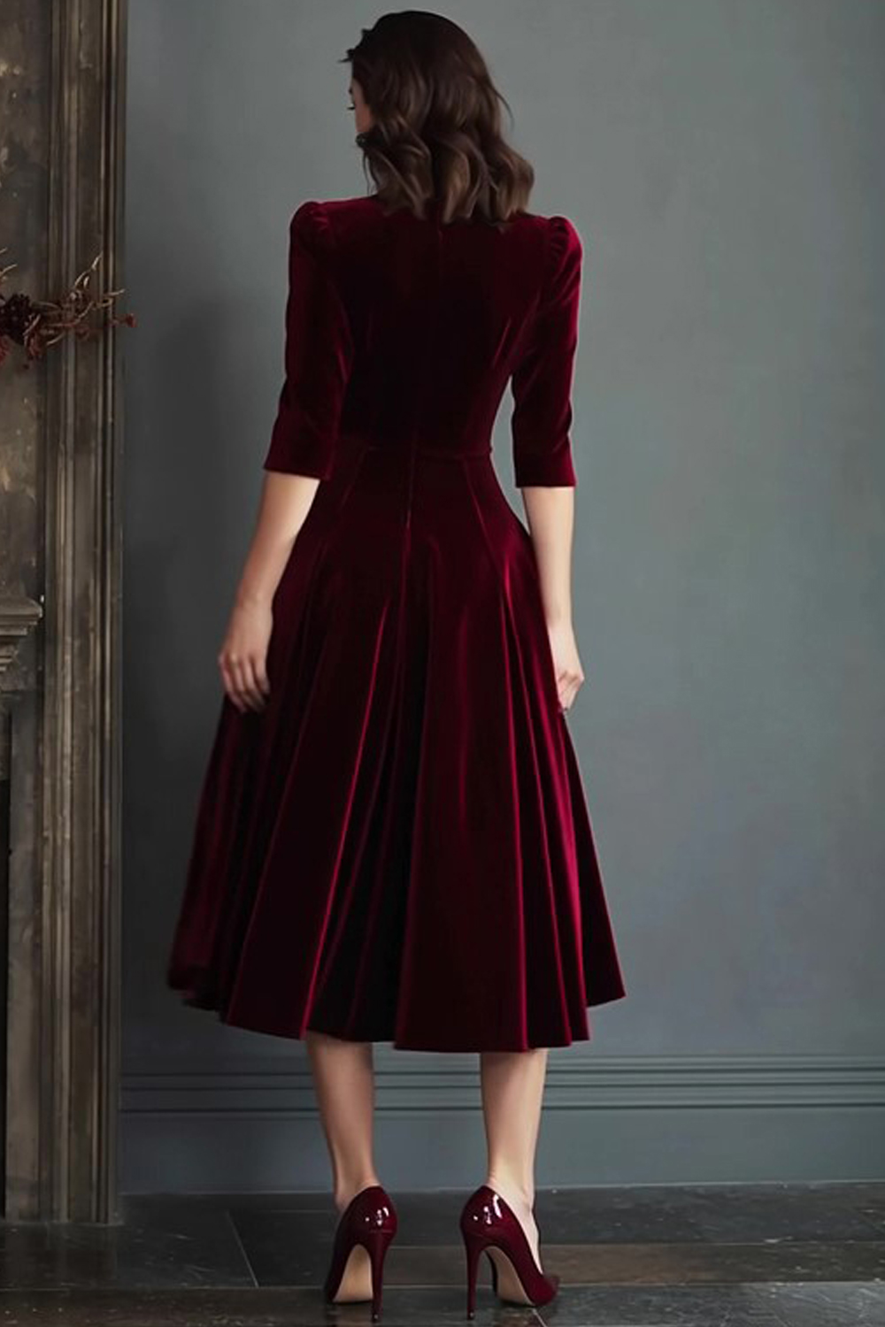 Burgundy A Line V-Neck Midi Velvet Holiday Party Dress