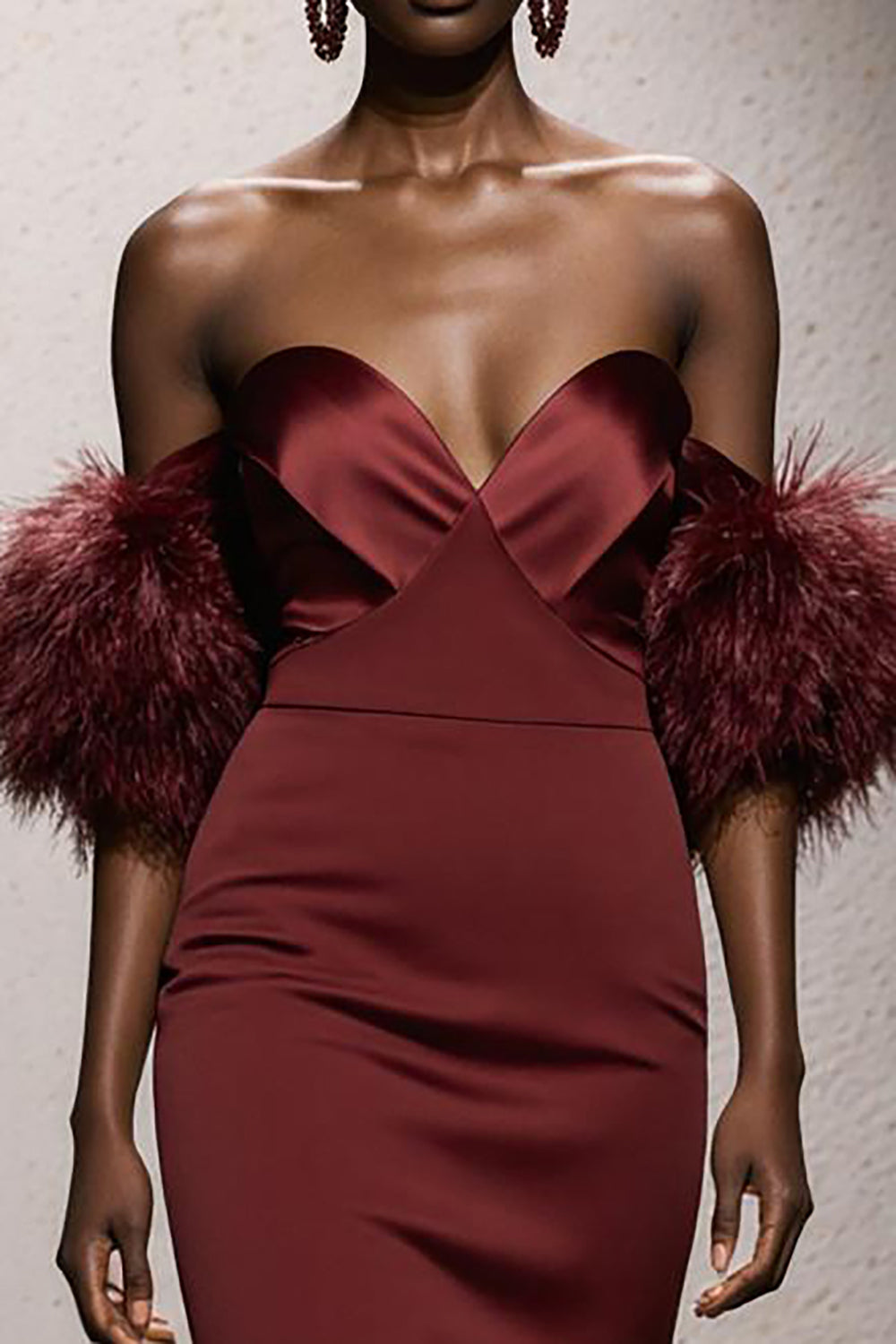 Burgundy Satin Mermaid Long Sweetheart Formal Dress with Feathers