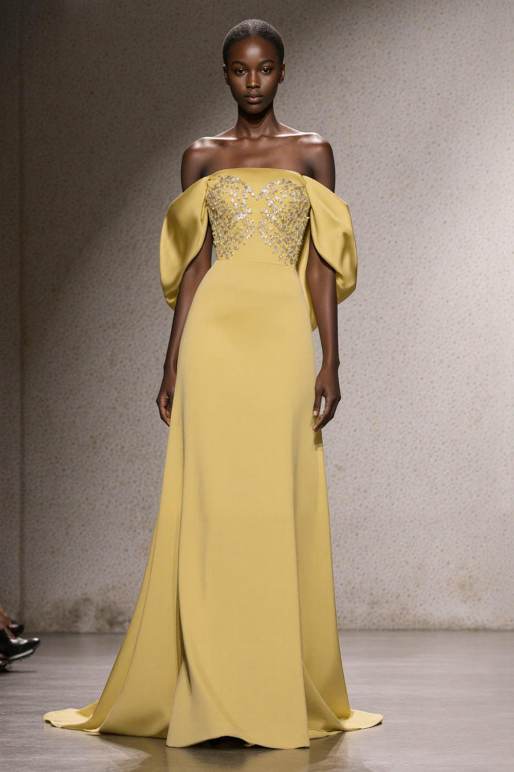 Sparkly Daffodil Mermaid Off the Shoulder Long Formal Dress with Sequins