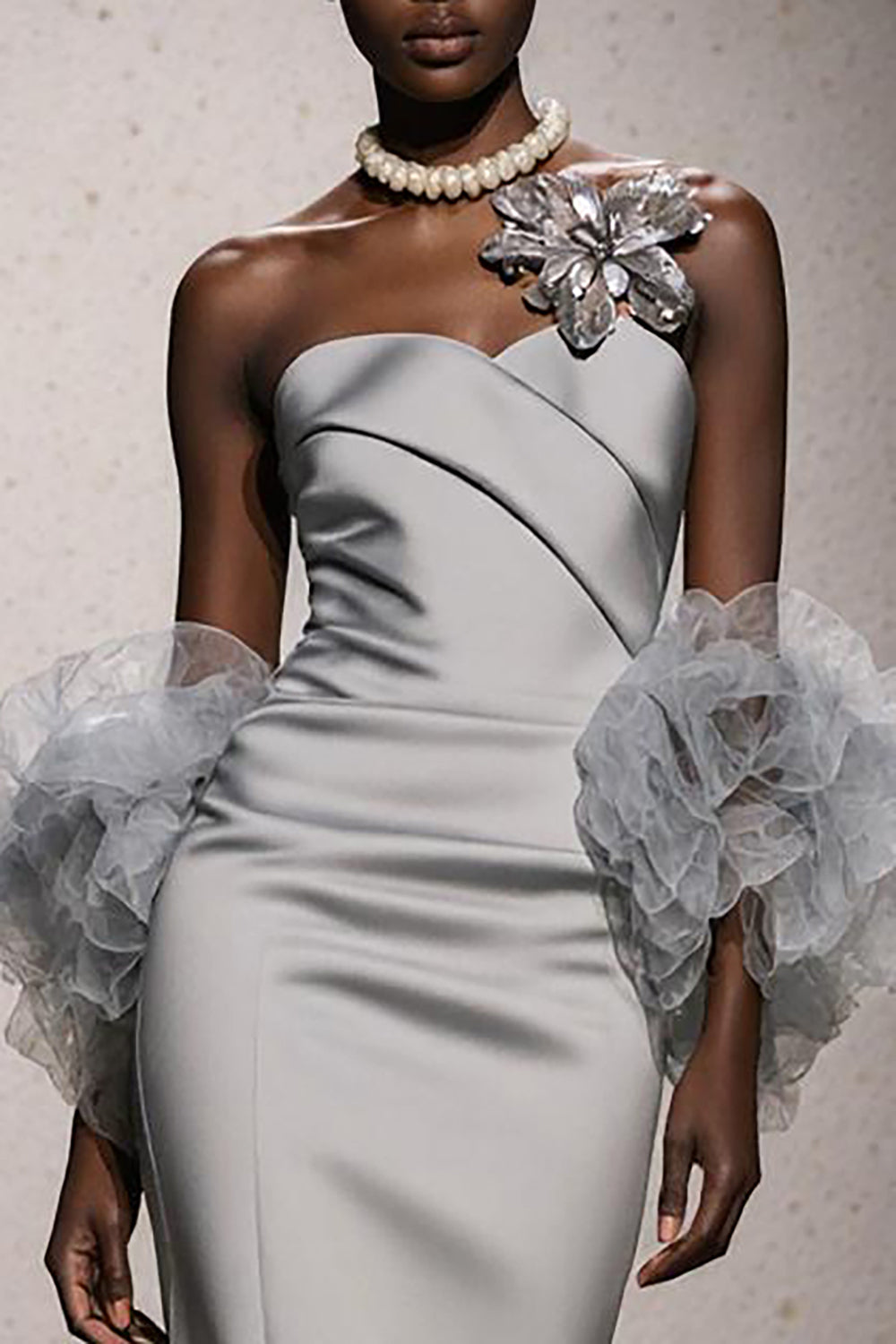 Elegant Silver Satin Sweetheart Ruched Long Mermaid Formal Dress