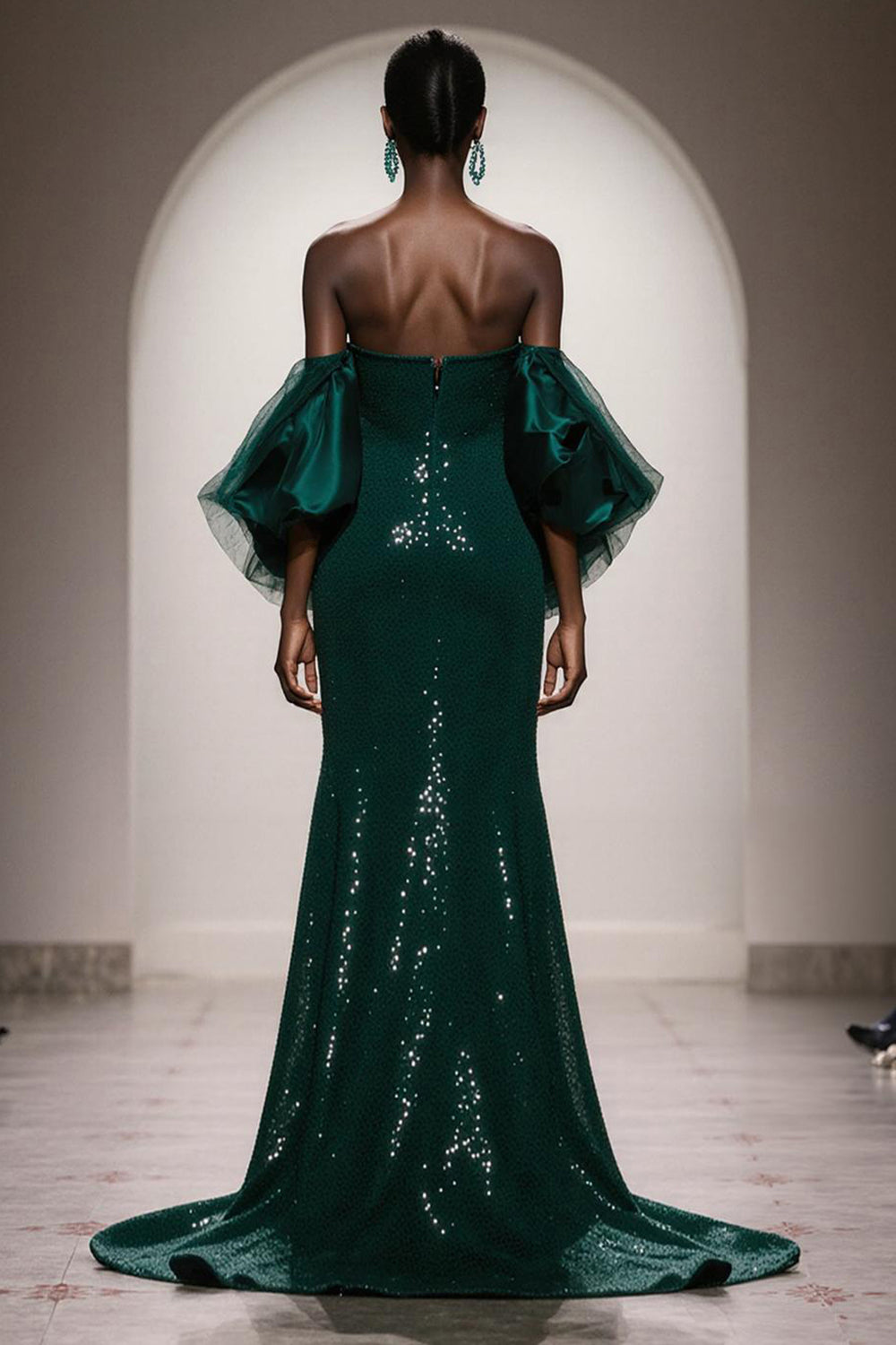 Sparkly Dark Green Mermaid Strapless Sequin Long Formal Dress with Sleeves