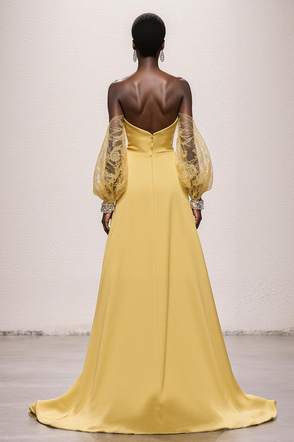 Daffodil Satin Mermaid Strapless Ruched Long Formal Dress with Sleeves