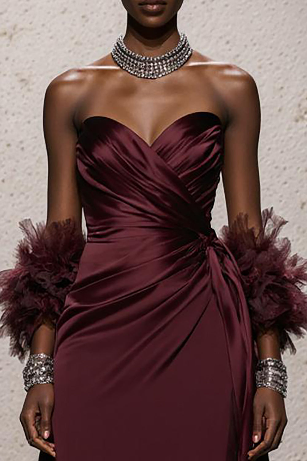 Burgundy Satin Sweetheart Ruched Long FMermaid ormal Dress