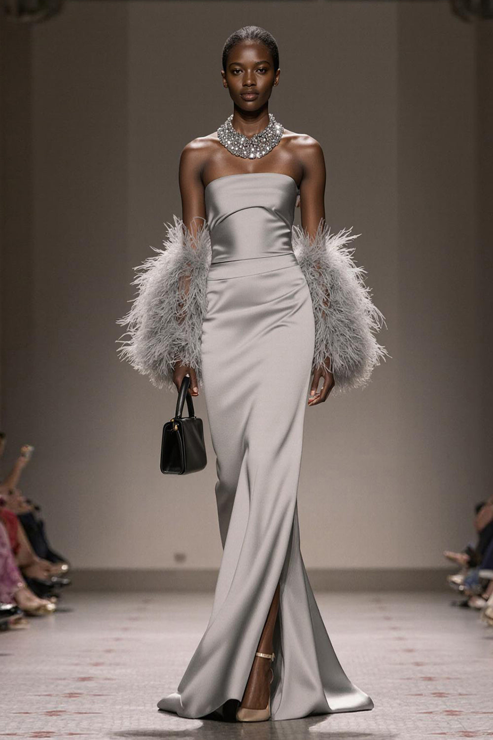 Elegant Silver Satin Strapless Long Mermaid Formal Dress with Slit