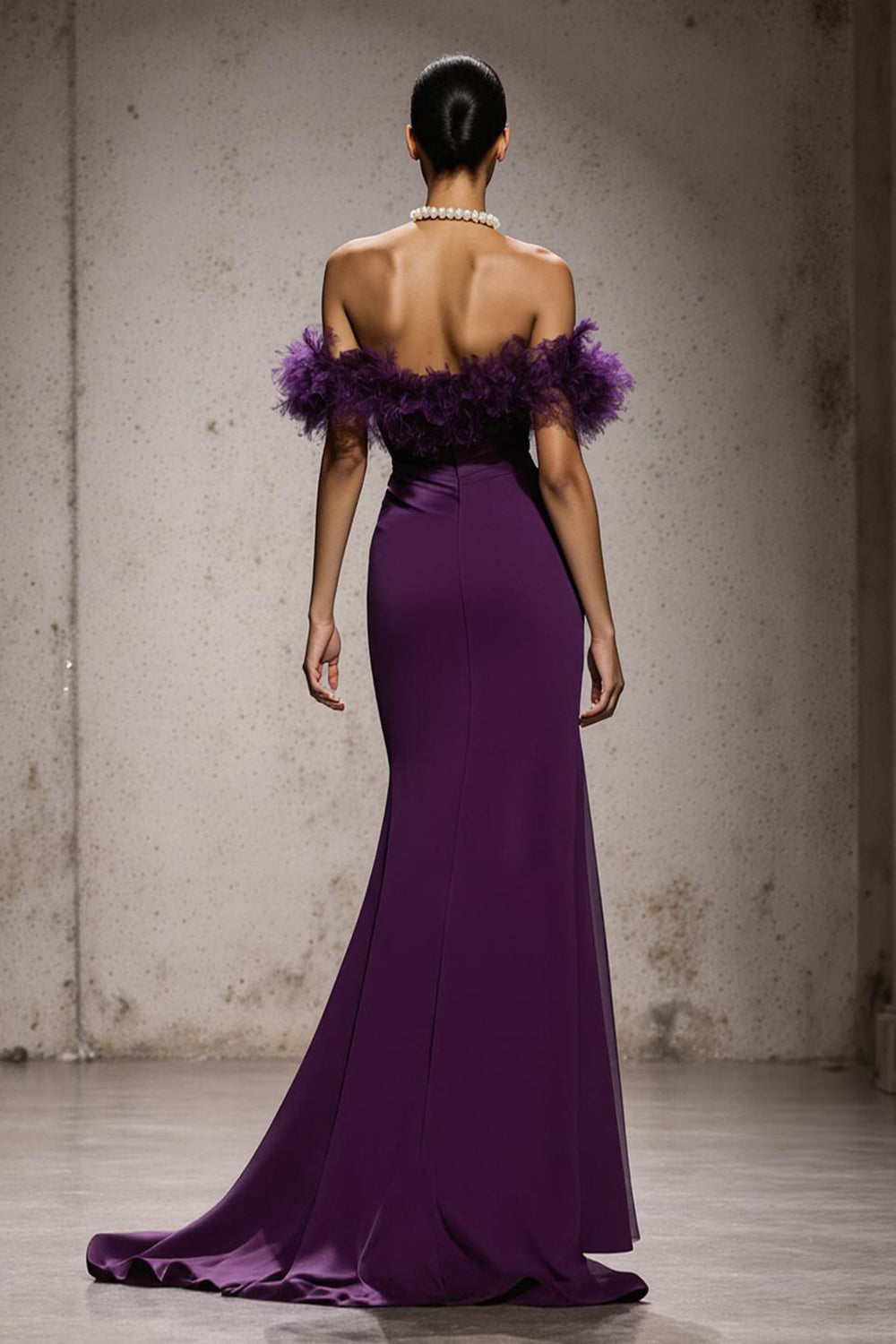 Purple Satin Off the Shoulder Long Mermaid Formal Dress with Feathers